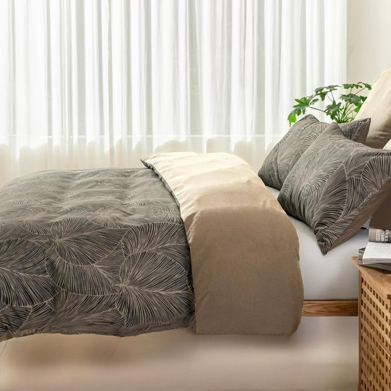 NEW Anthropologie Khaki Botanical Print Boho Queen King Bedding Duvet & Sham Set