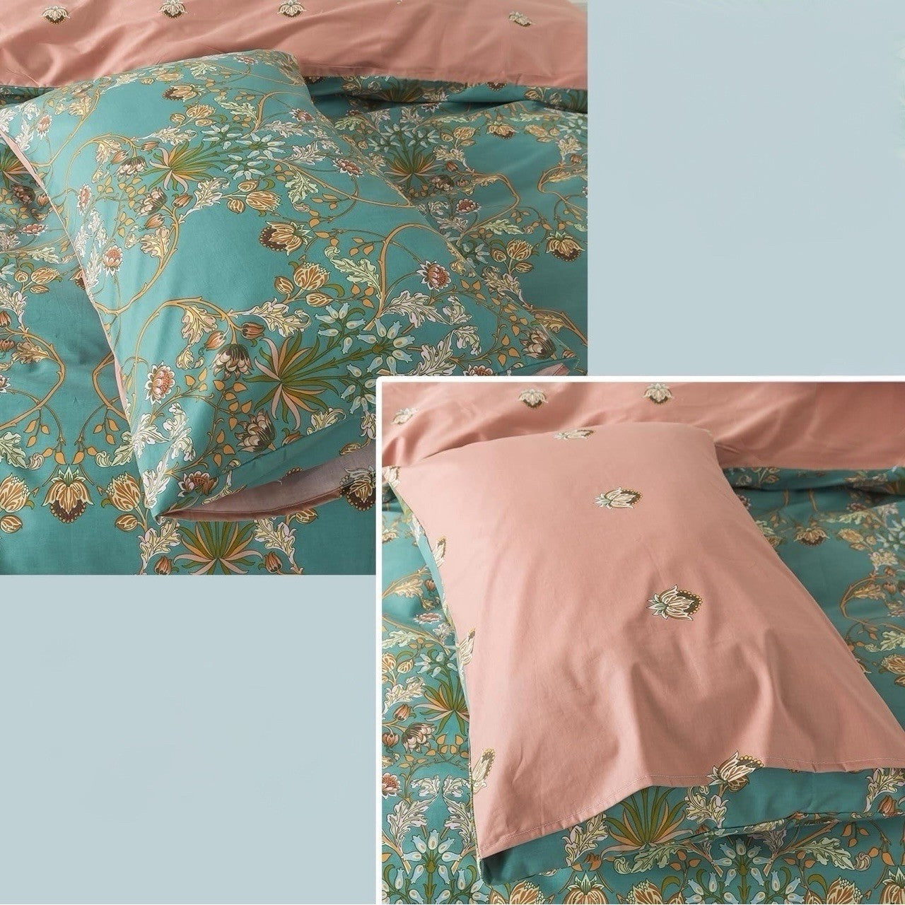 NEW Green Pink Reversible Floral King Size Boho Comforter Bedding Sham Case Set