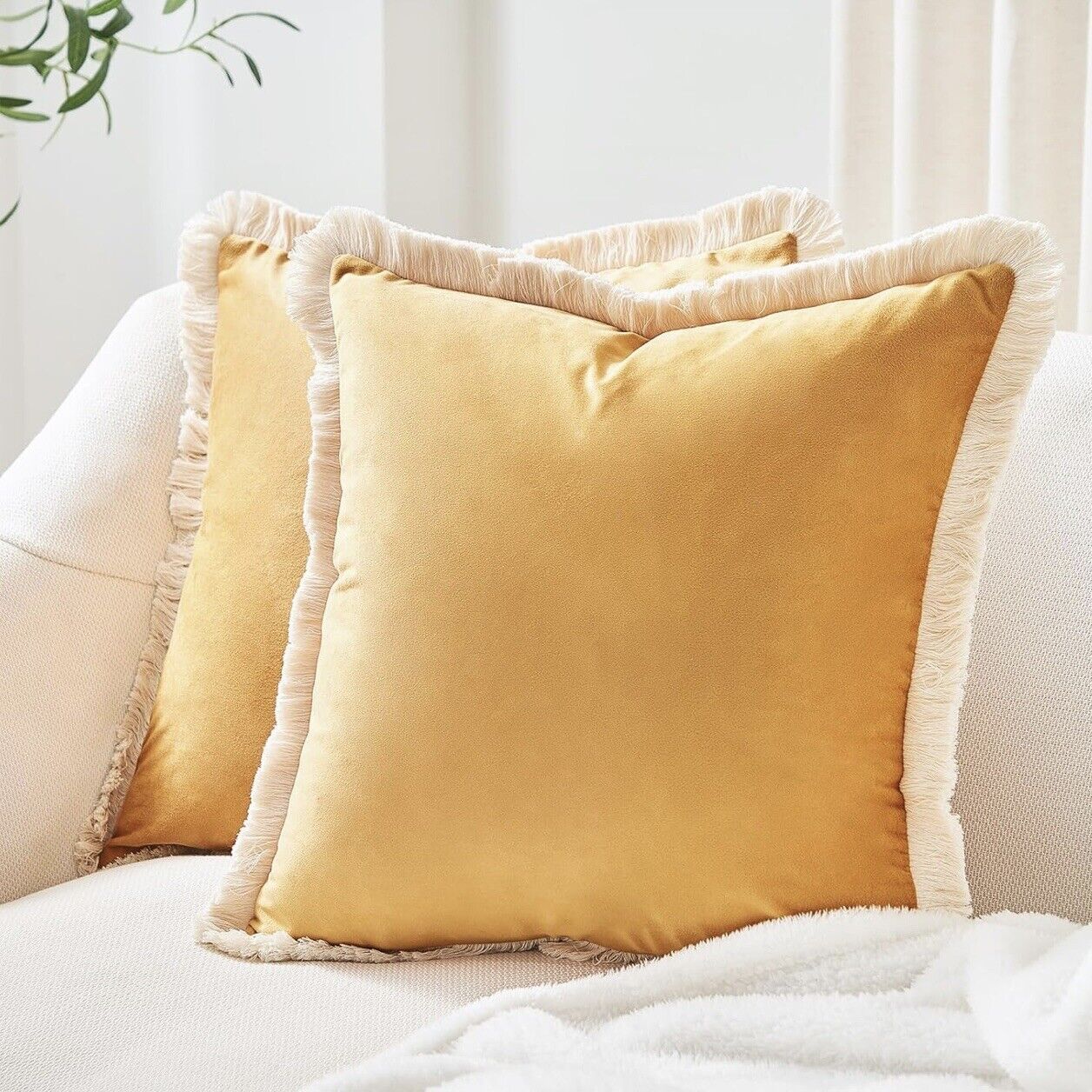 New West Elm Set 2 Yellow Velvet Boho Fringe Throw Pillow Case Cover Sham 18x18