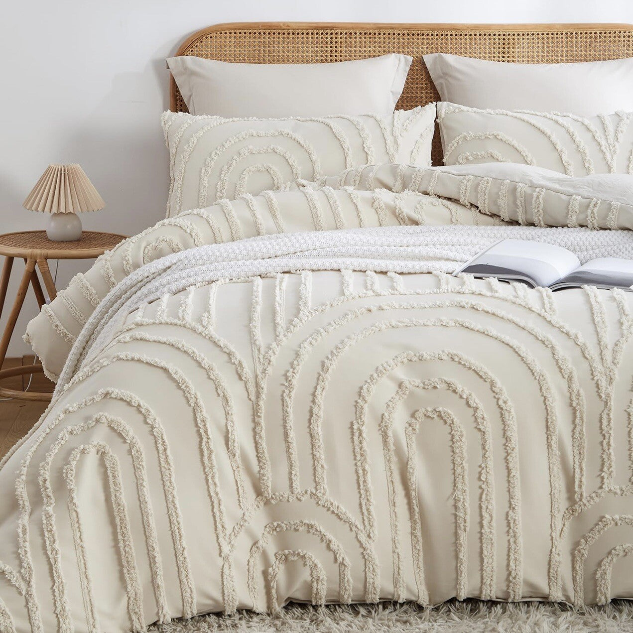 NEW Anthro Beige Boho Queen Size Tufted Abstract Bedding Comforter & Sham Set