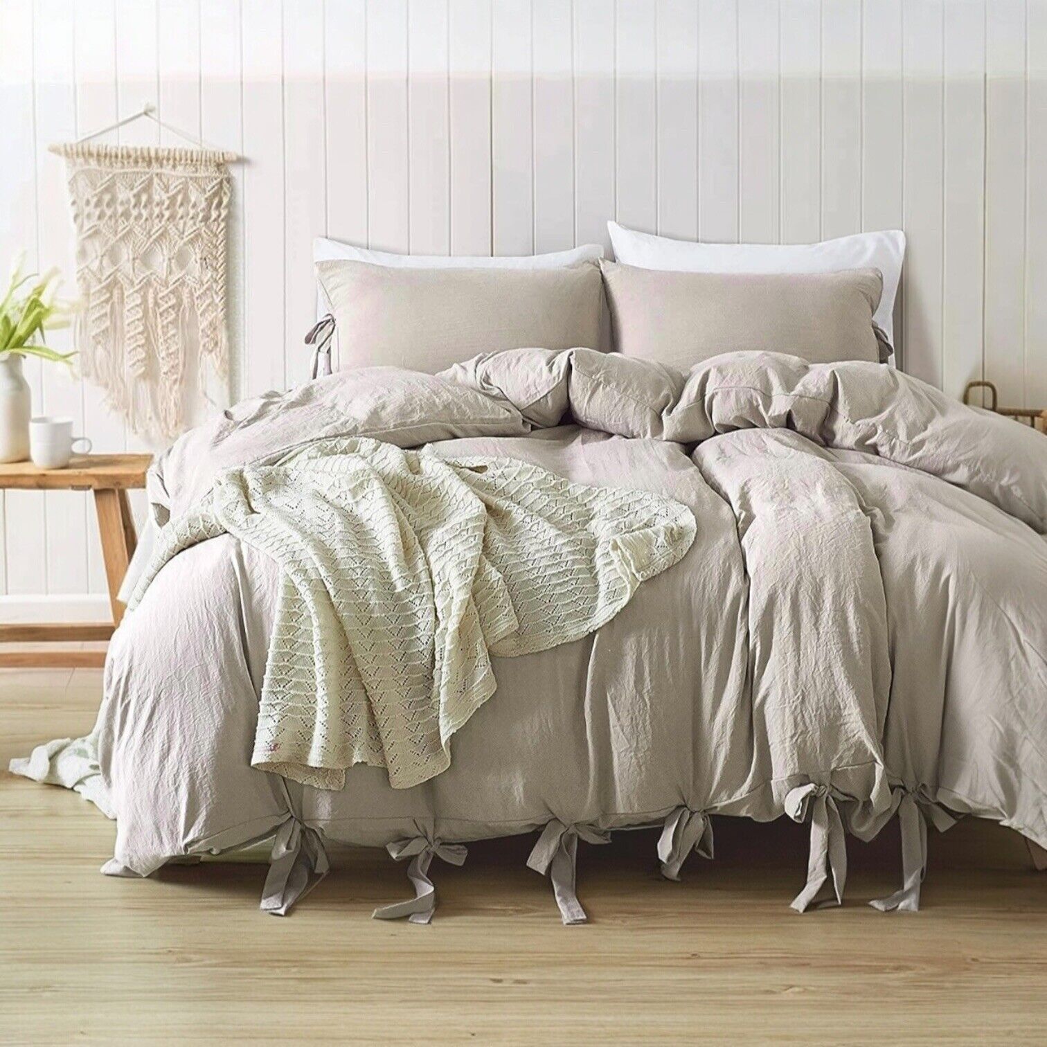 NEW West Elm Boho Beige Khaki Bow Queen Size Microfiber Bedding Duvet Sham Set