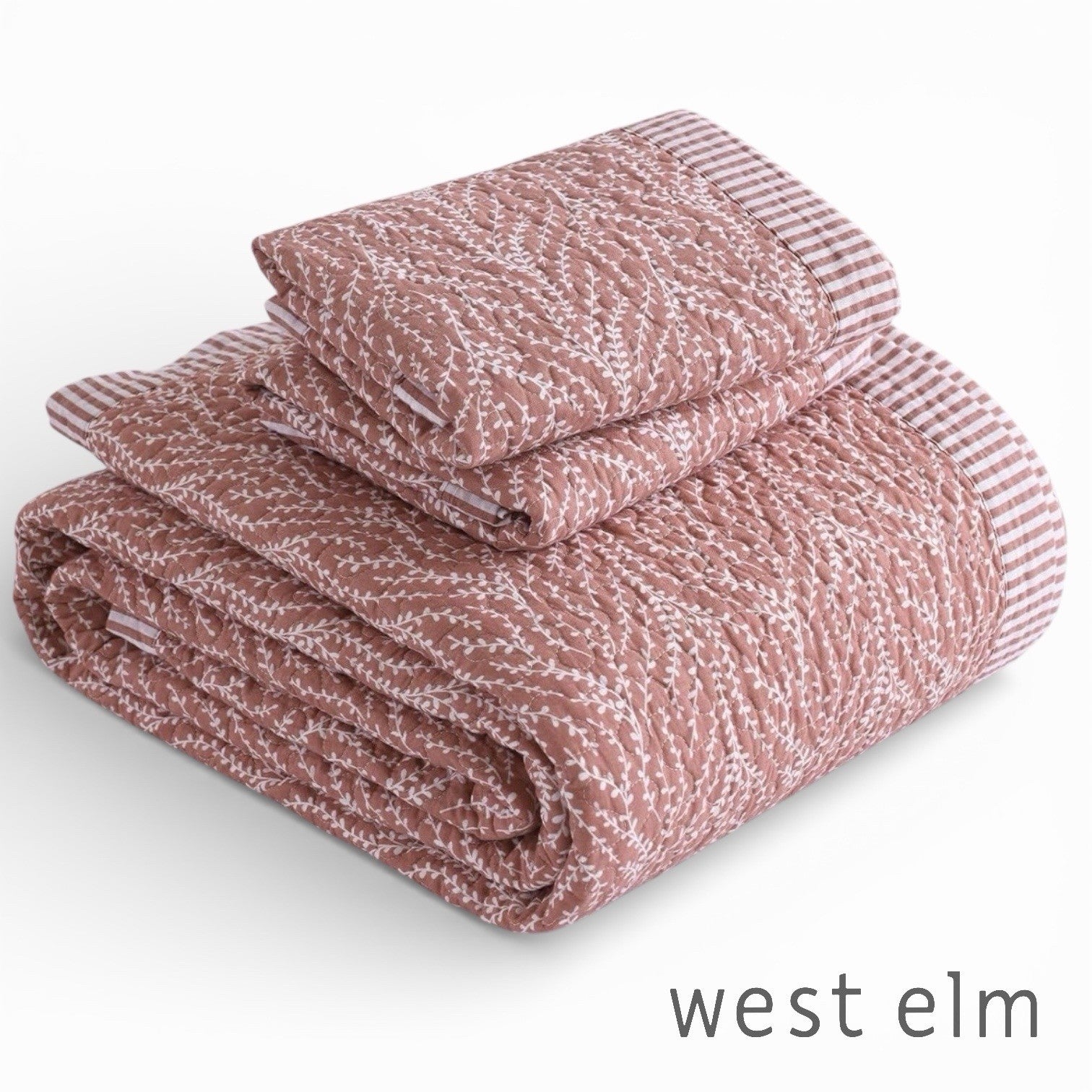 NEW West Elm Blush Botanical Pattern Cotton Queen King Bedding Quilt & Sham Set