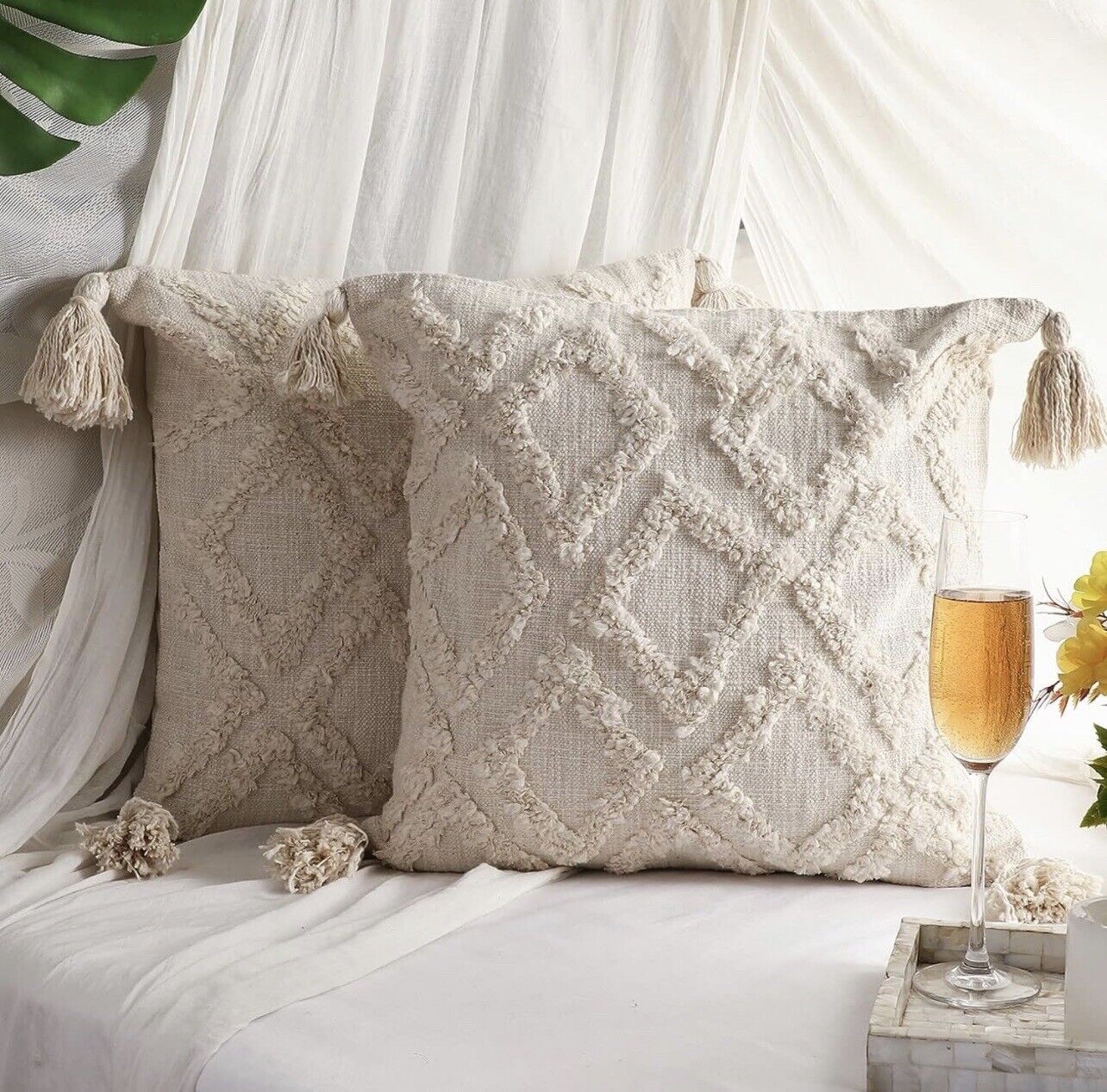 New Anthropologie Boho Tassel White Throw Pillow Case Cover Sham - 18" x 18"
