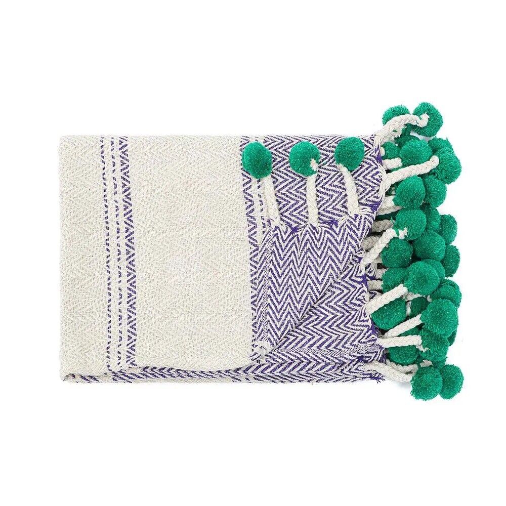 NEW Anthropologie Blue Green Pom Pom Boho Tassel Knit Throw Blanket - 50" x 60"