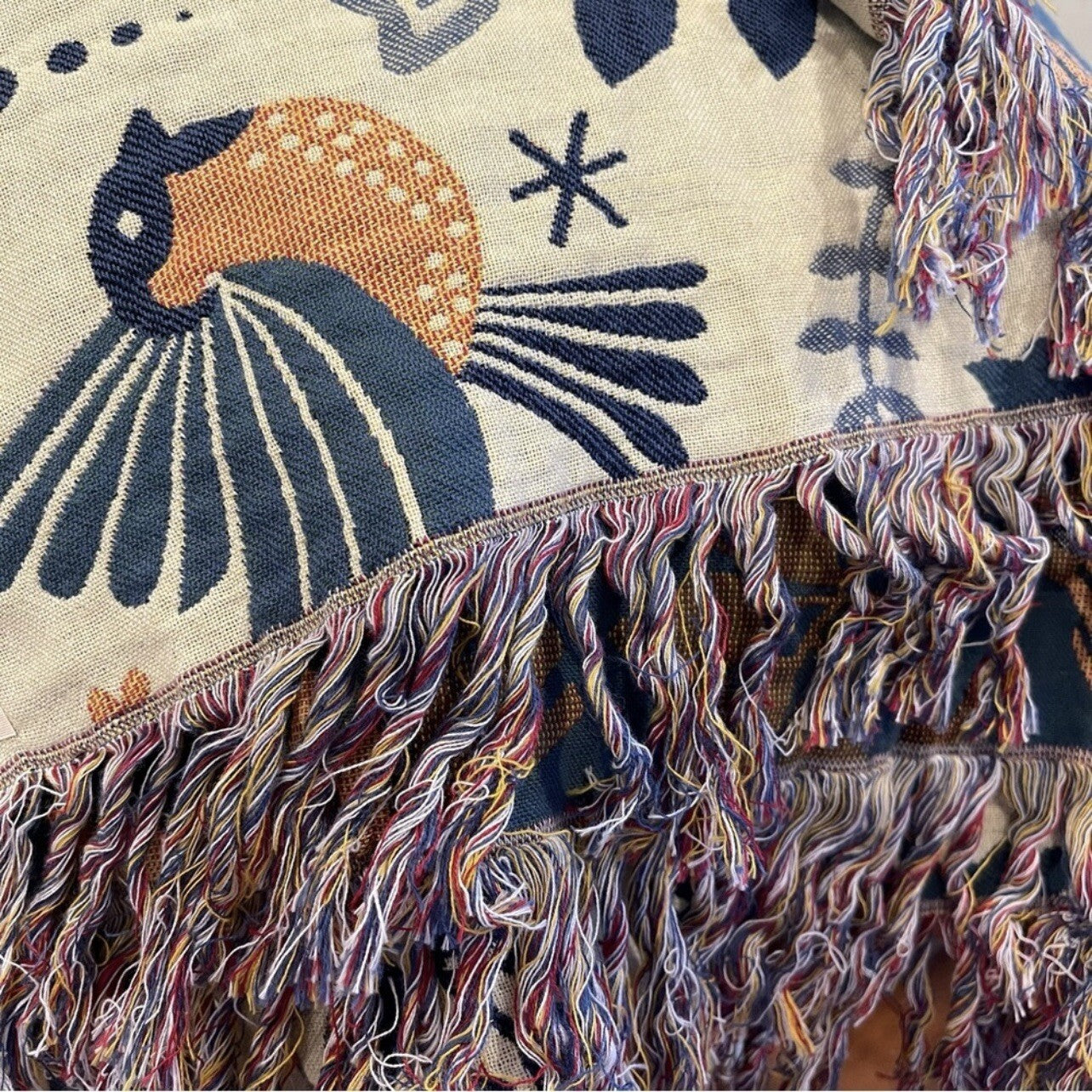 NEW XL Teal Reversible Boho Bird Tassel Throw Blanket Bedspread Quilt 80 x 60