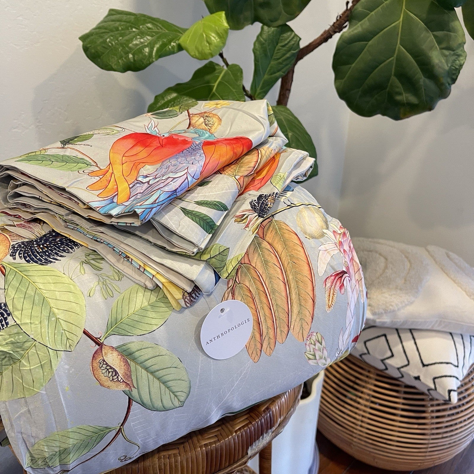 NEW Anthropologie Boho Queen Floral Bird Print Bedding Comforter Floral Sham Set