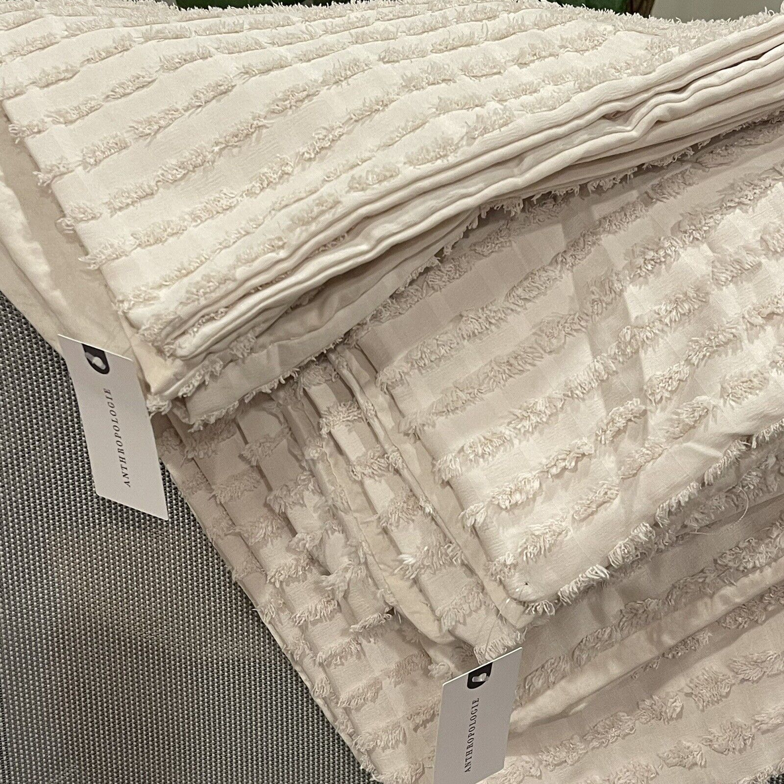 NEW Anthropologie Beige Boho Queen Size Tufted Fringe Bedding Duvet & Sham Set
