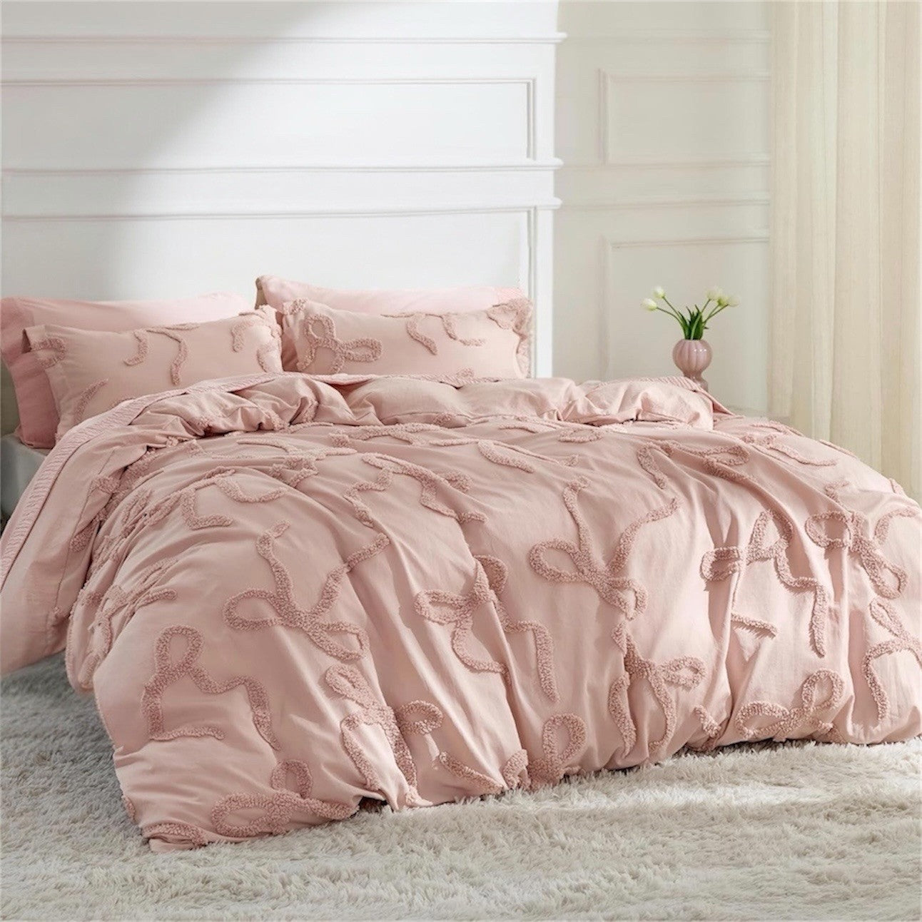NEW Anthro Rose Pink Tufted Bow Boho Queen / King Size Bedding Duvet & Sham Set