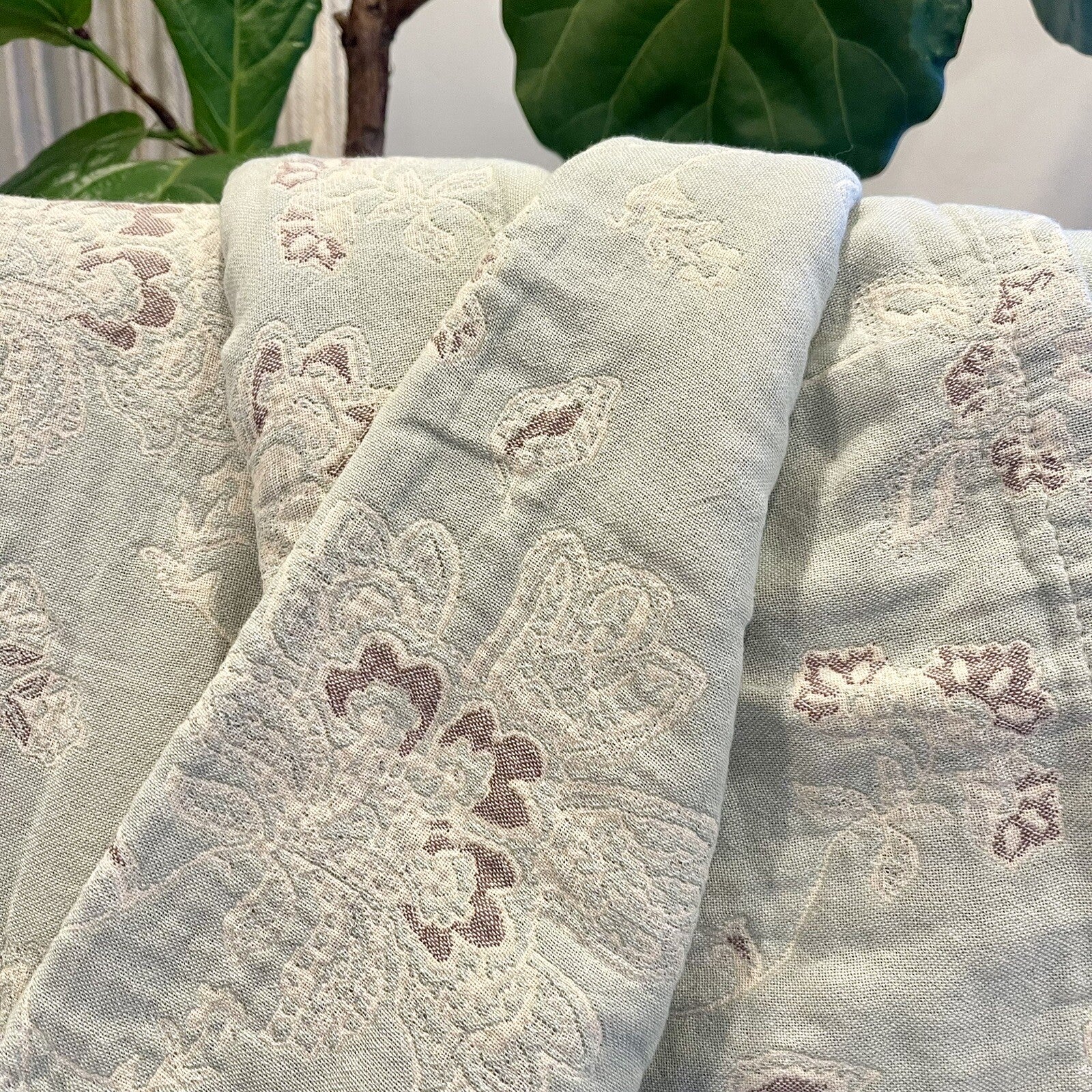 NEW Anthro Boho Floral Muslin Green Reversible Throw Blanket - 90" x 80"