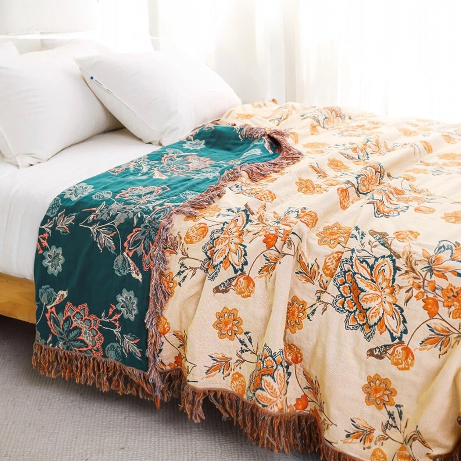 NEW Anthropologie Boho Floral Orange Teal Throw Blanket Bedspread Quilt 80 x 90