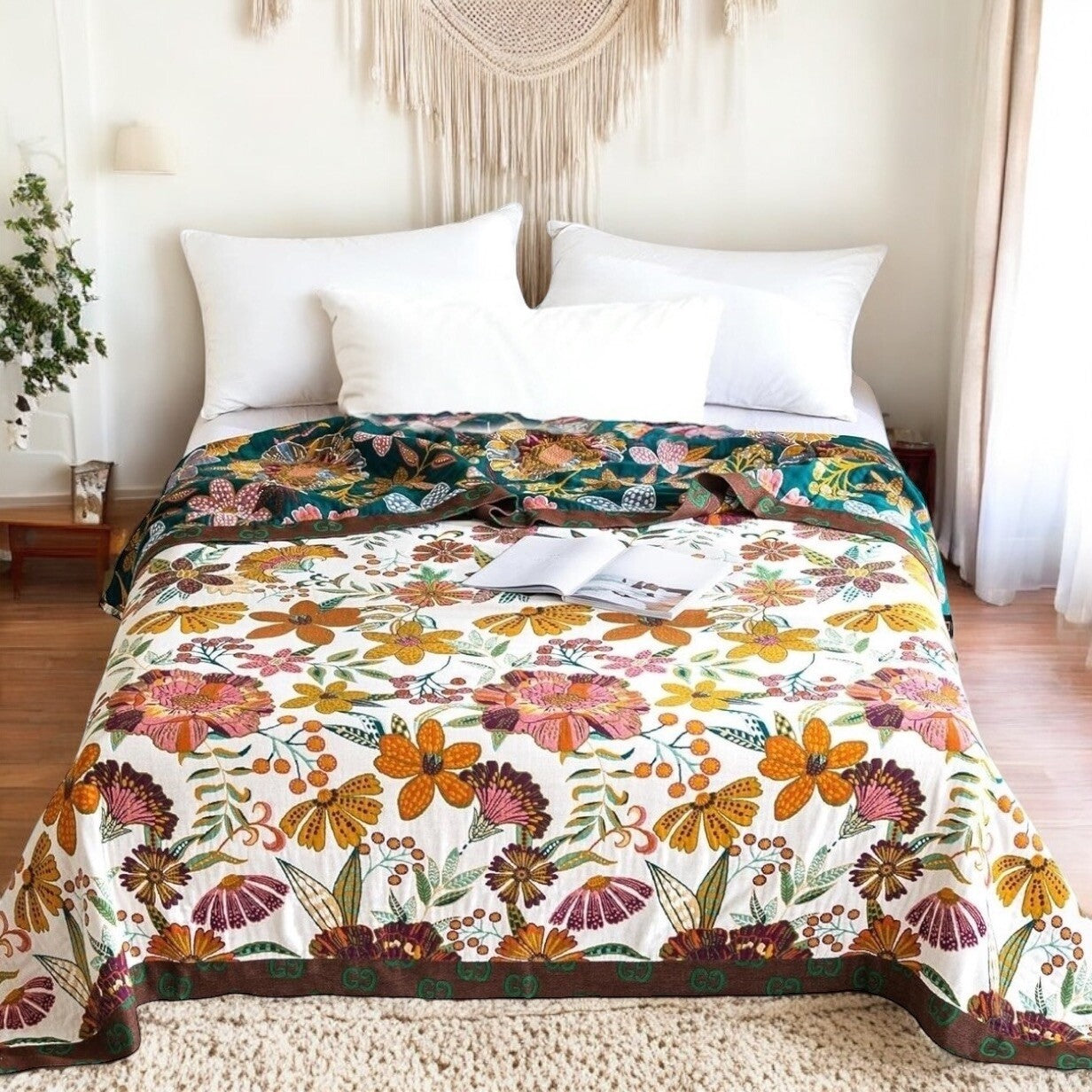 NEW Anthropologie Boho Floral Reversible Queen Blanket Bedspread Quilt 90" x 98"