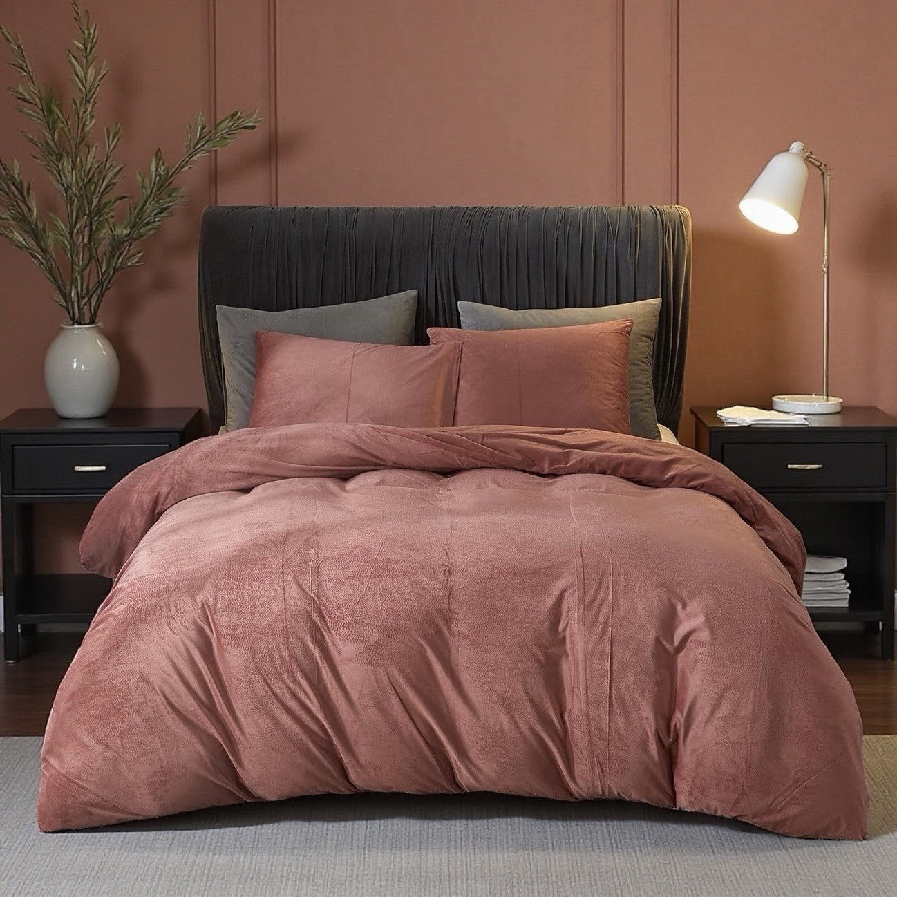 NEW West Elm Blush Pink Lux Velvet Flannel Queen / King Bedding Duvet & Sham Set