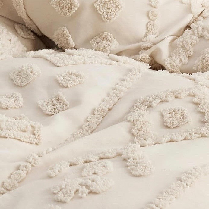 NEW Anthro Beige Cream Tufted Boho Queen / King Size Bedding Duvet & Sham Set