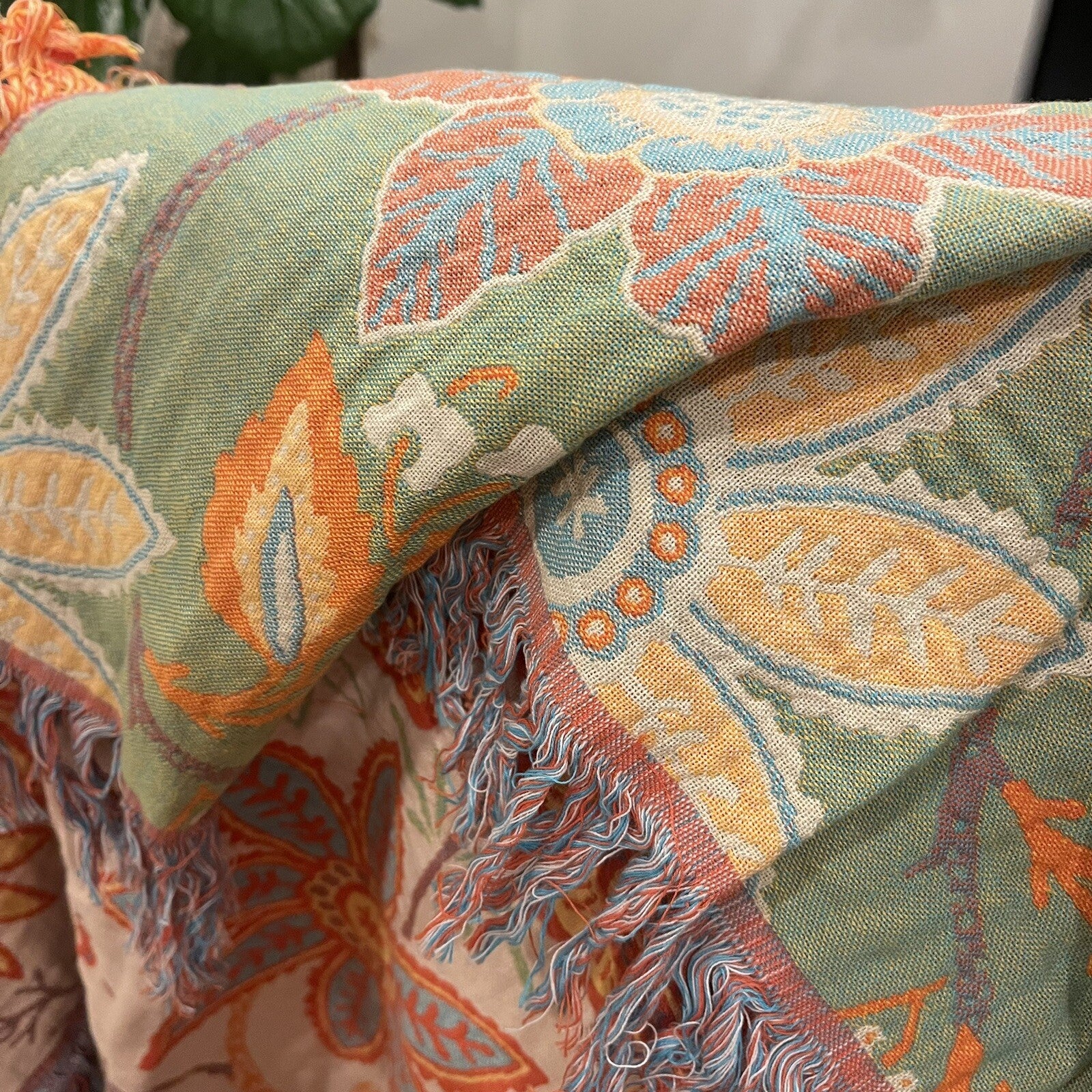 NEW Anthro XL Reversible Green Tassel Throw Blanket Bedspread Quilt - 80" x 90"