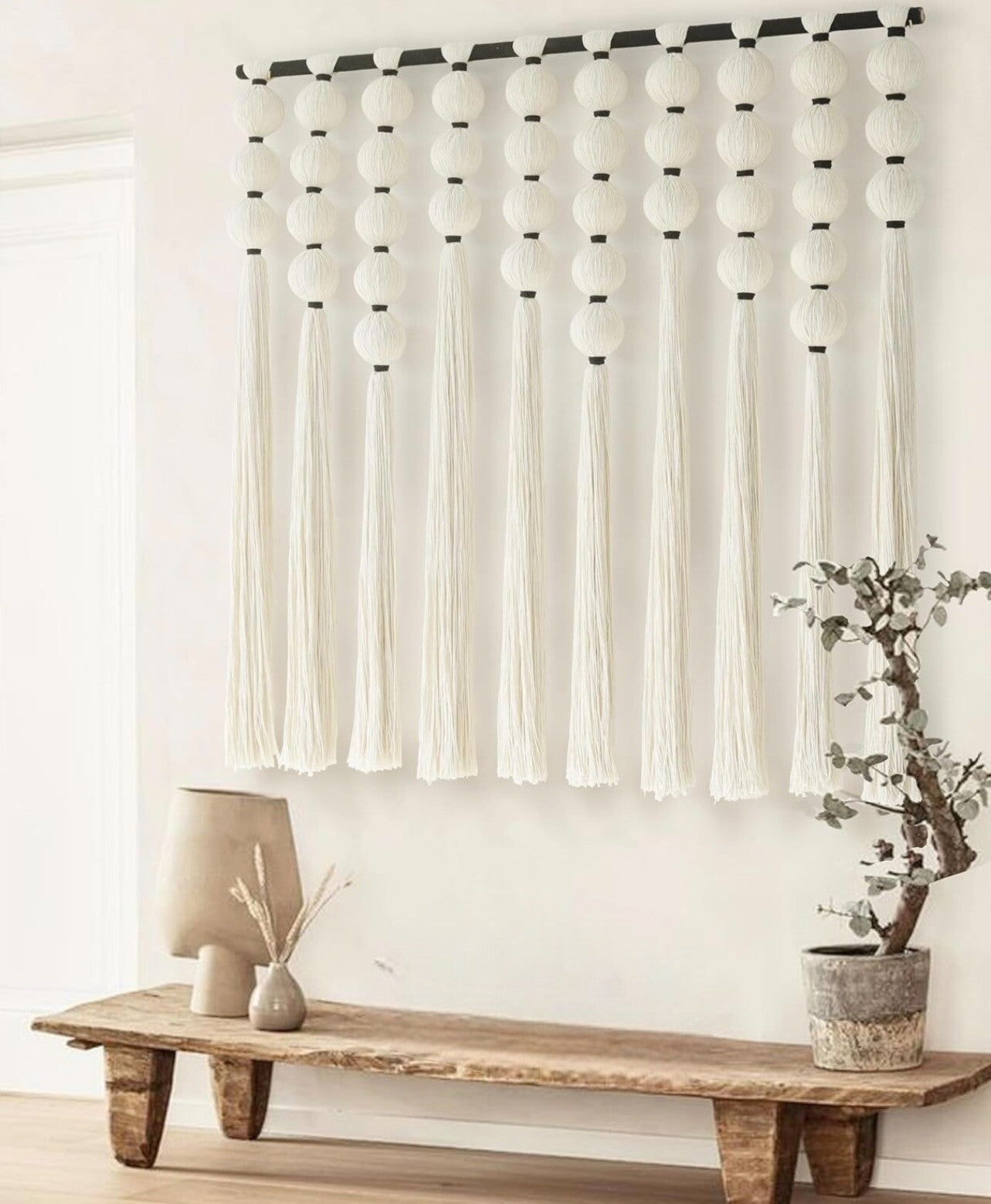 NEW Anthropologie XL Boho White & Black Tassel Tapestry Woven Wall Hanging - 40"