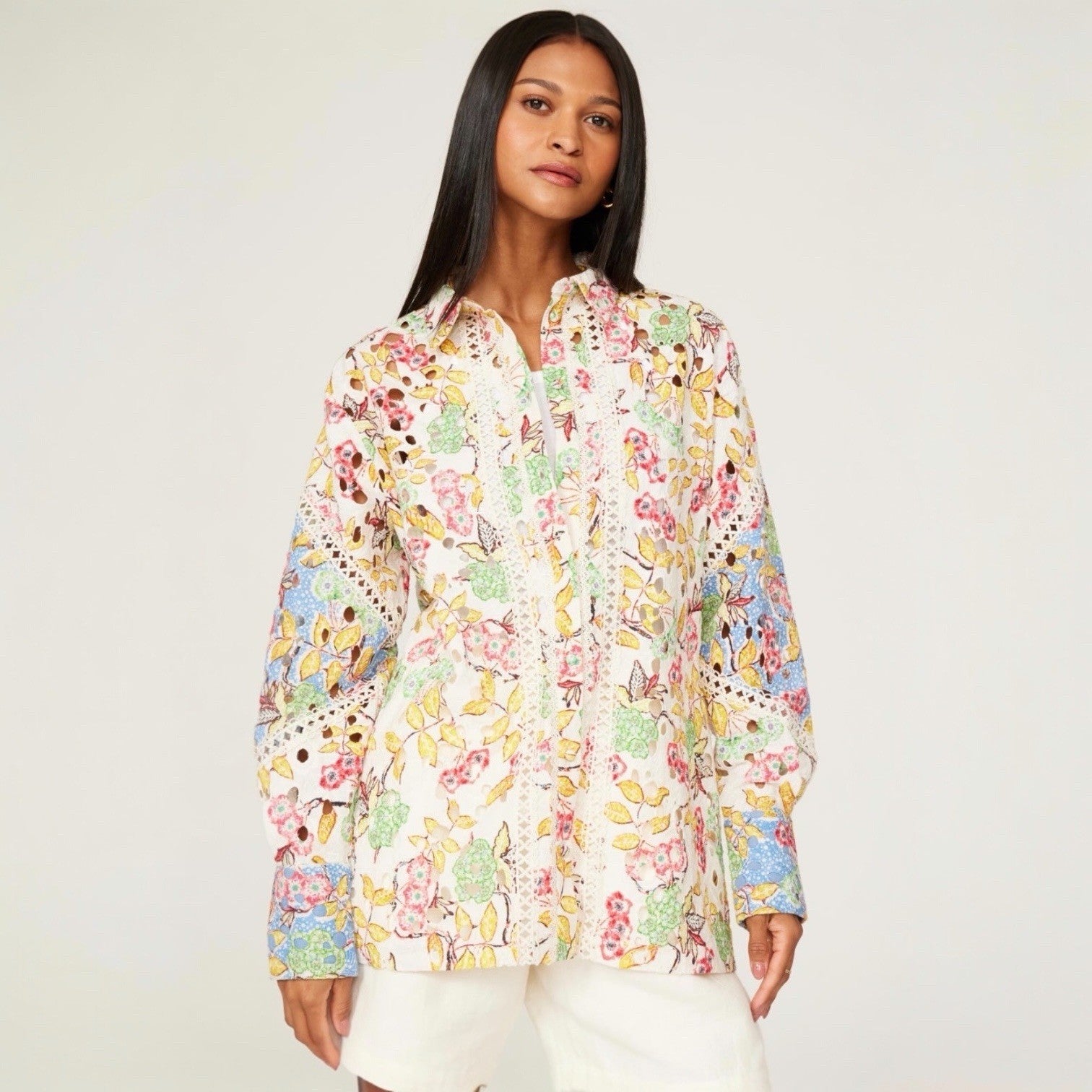 Hemant & Nandita Floral Embroidered Eyelet CottonCargo Pant Set - Size Large XL