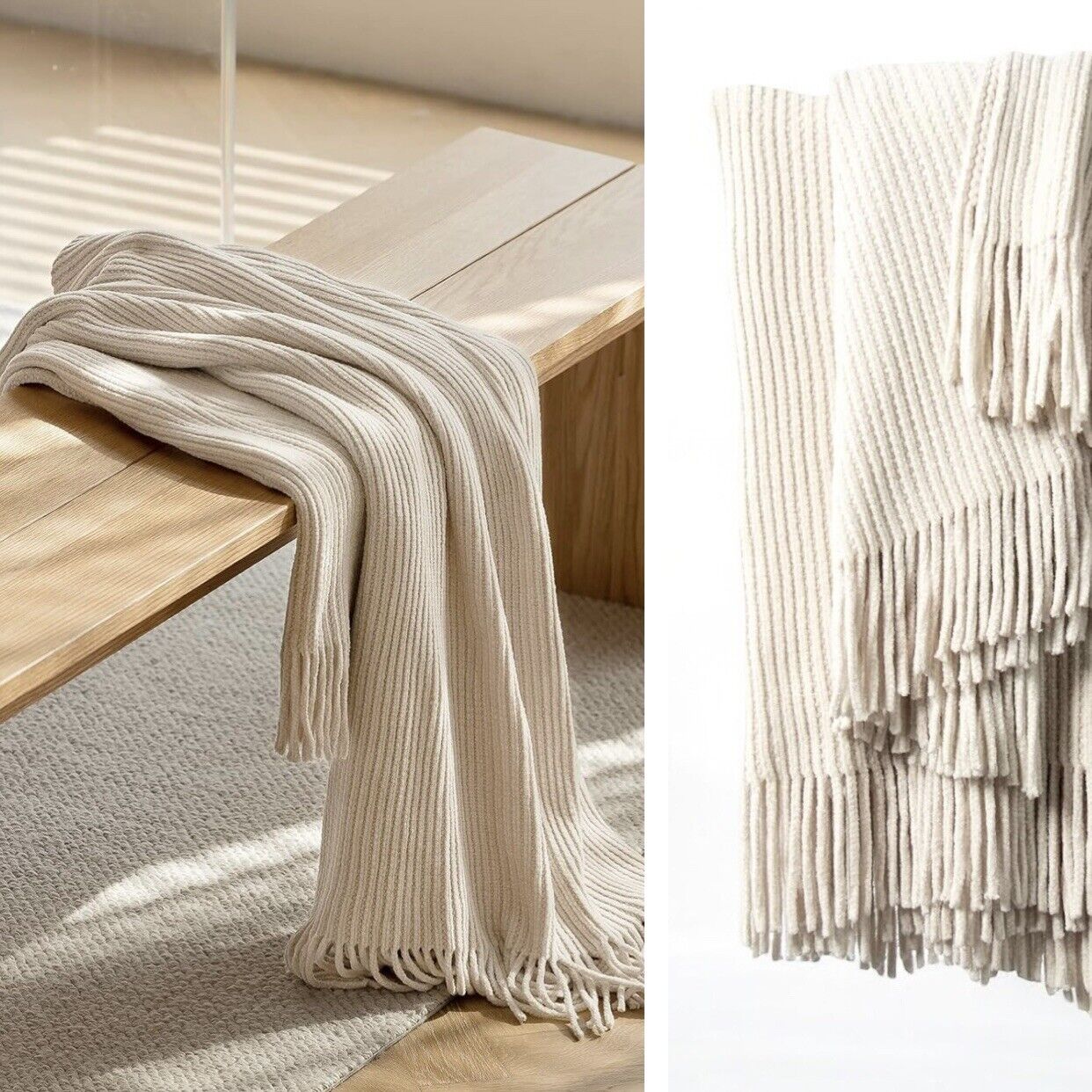NEW West Elm Boho Cream Ivory Tassel Chenille Knit Throw Blanket - 50" x 60"