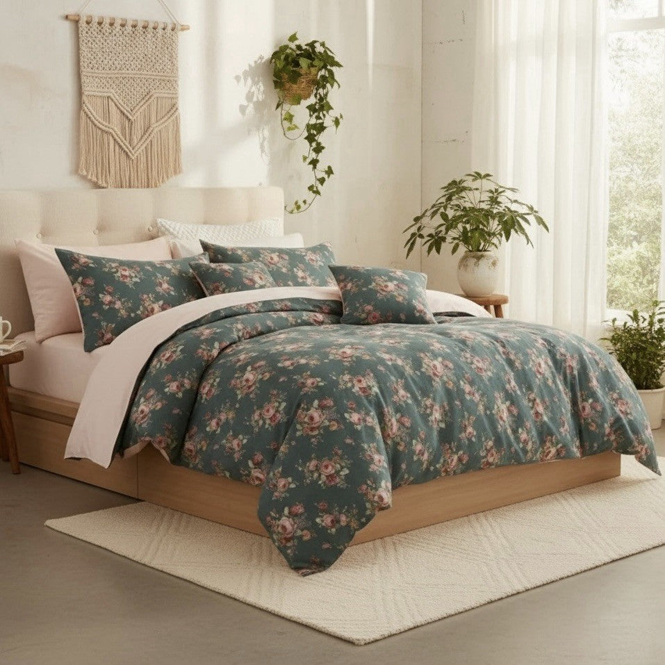 NEW Anthro Green & Pink Floral Muslin Cotton Boho Queen / King Bedding Duvet Set
