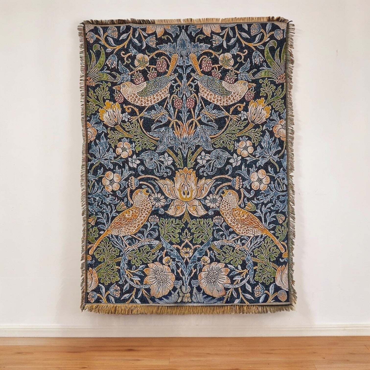 NEW Anthropologie Boho Bird Blue Tassel Throw Blanket Bedspread Quilt - 50 x 70