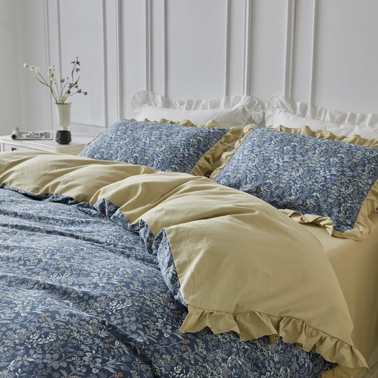NEW Anthro Blue Yellow Floral Boho Ruffle Queen King Size Bedding Duvet Sham Set