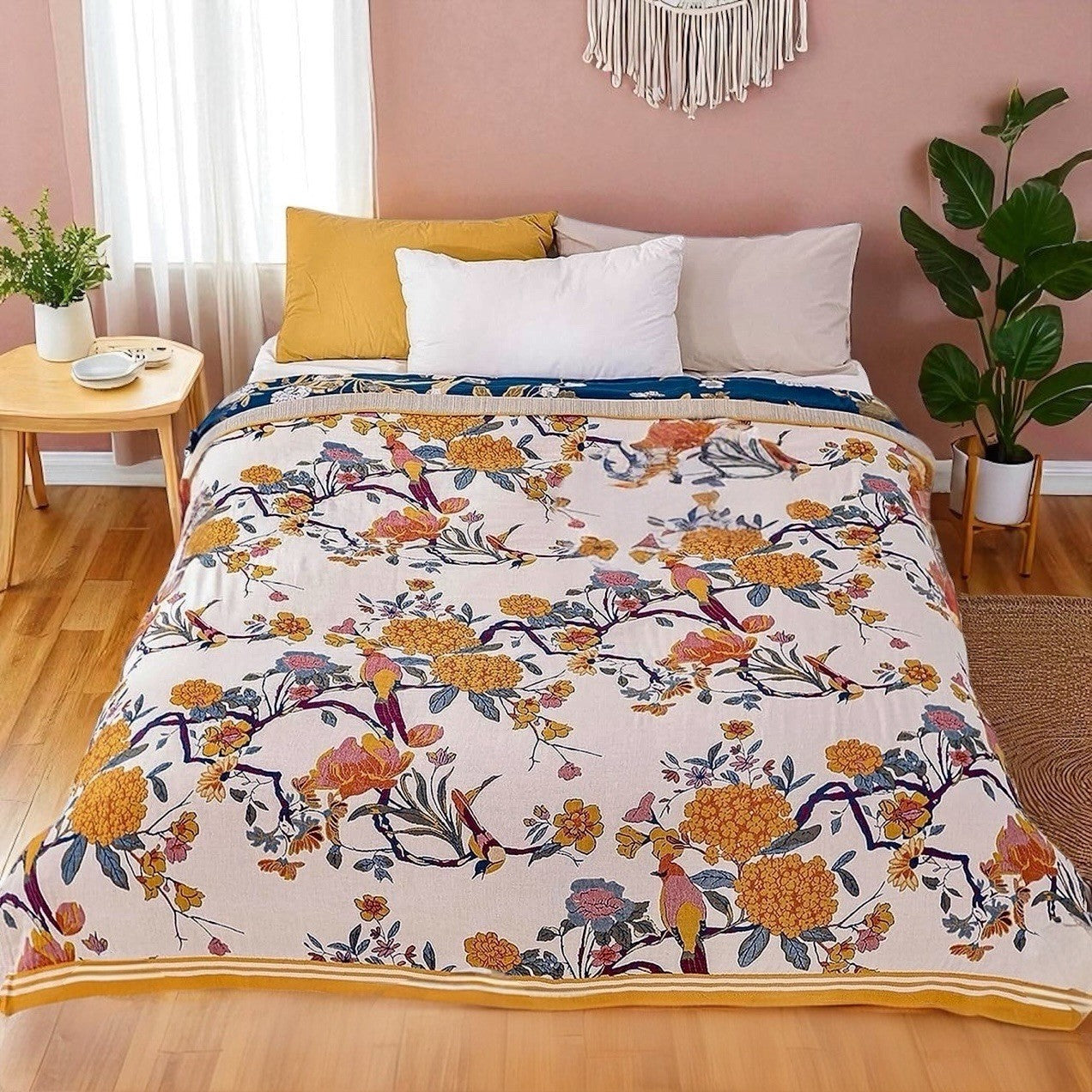 NEW Anthro XL Boho Bird Orange Floral Throw Blanket Bedspread Quilt 80" x 90"