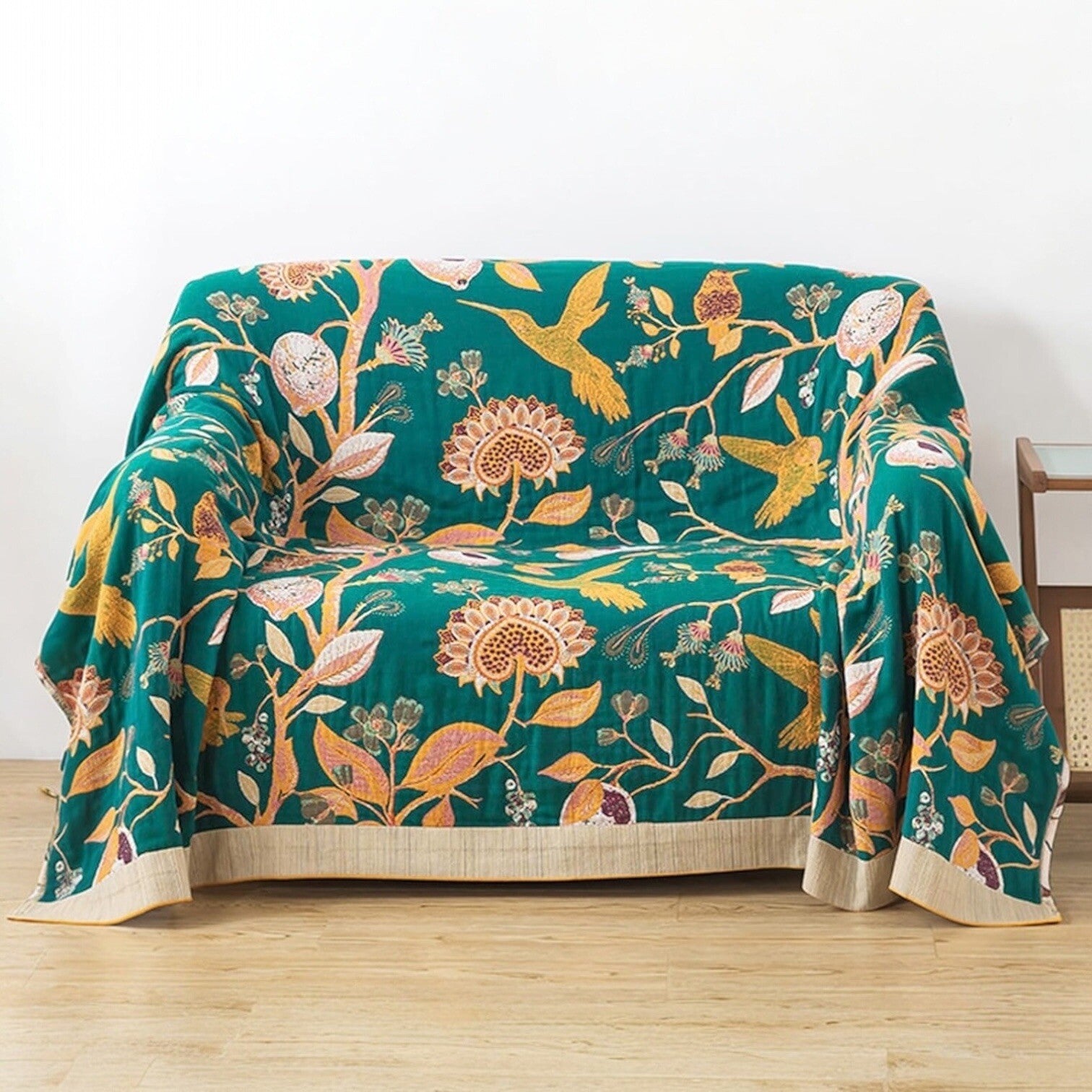 NEW Anthro XL Boho Bird Orange Blue Throw Blanket Bedspread Quilt 80" x 90"