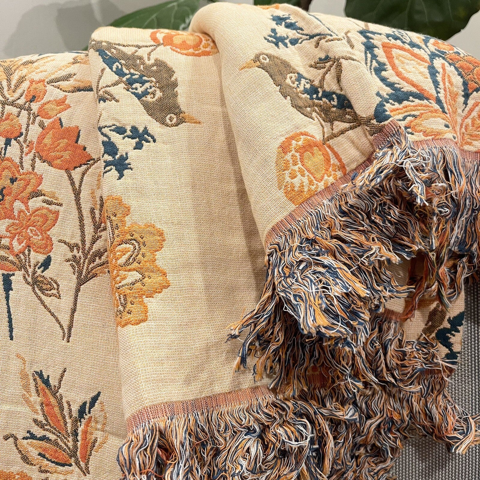 NEW Anthropologie Boho Floral Orange Teal Throw Blanket Bedspread Quilt 80 x 90
