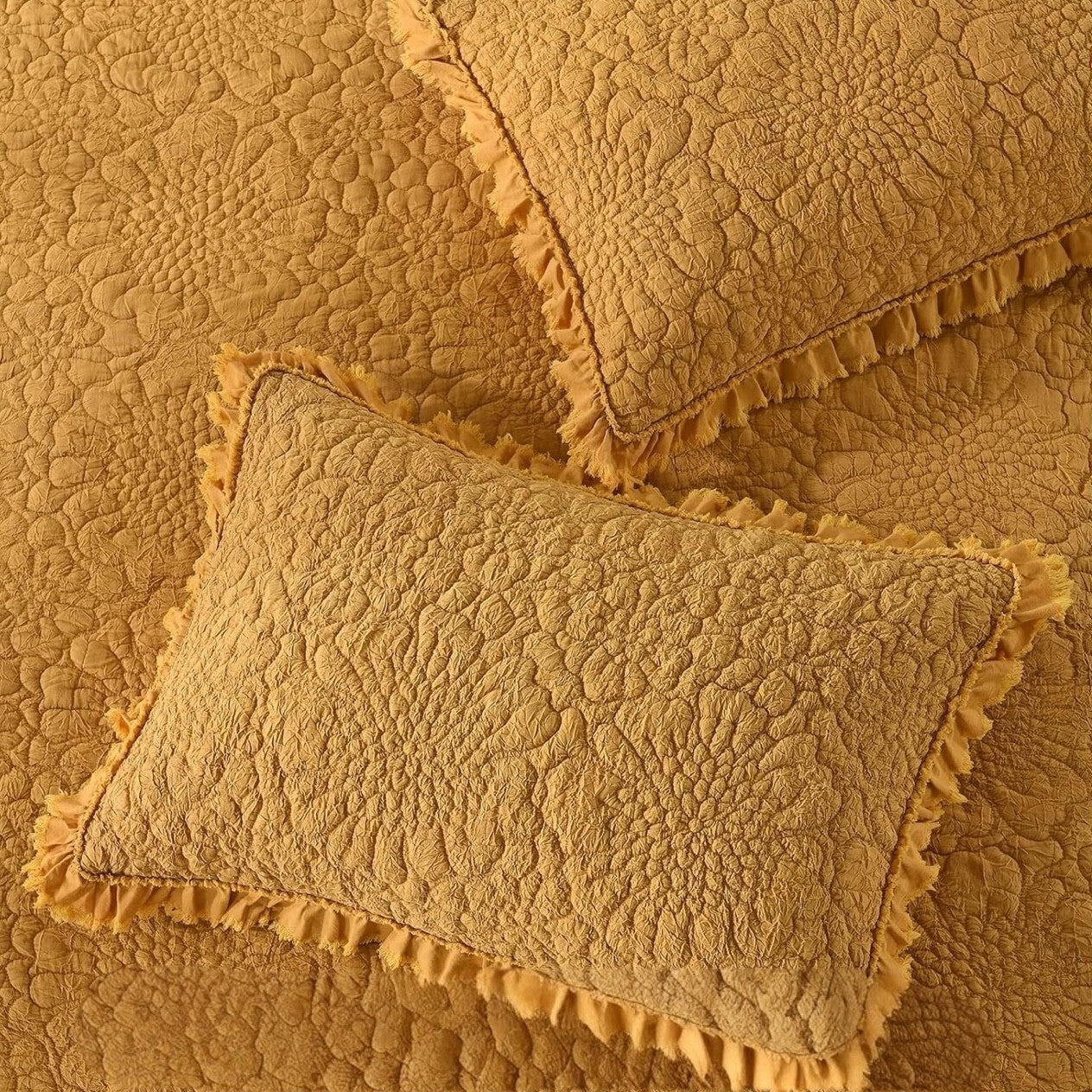 NEW Anthro Orange Yellow Ruffle Crinkled Queen / King Bedding Quilt & Sham Case