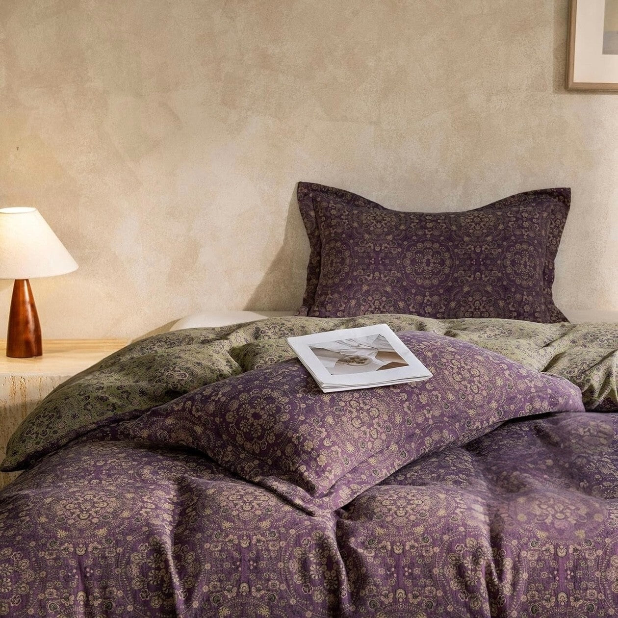 NEW West Elm Purple Muslin 100% Cotton Boho Queen King Bedding Duvet & Sham Case