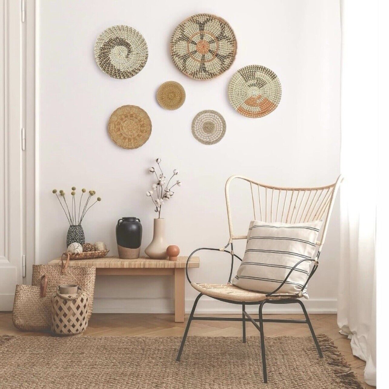 NEW West Elm XL Woven Wicker Rattan Seagrass Boho Wall Hanging Baskets - Set / 6