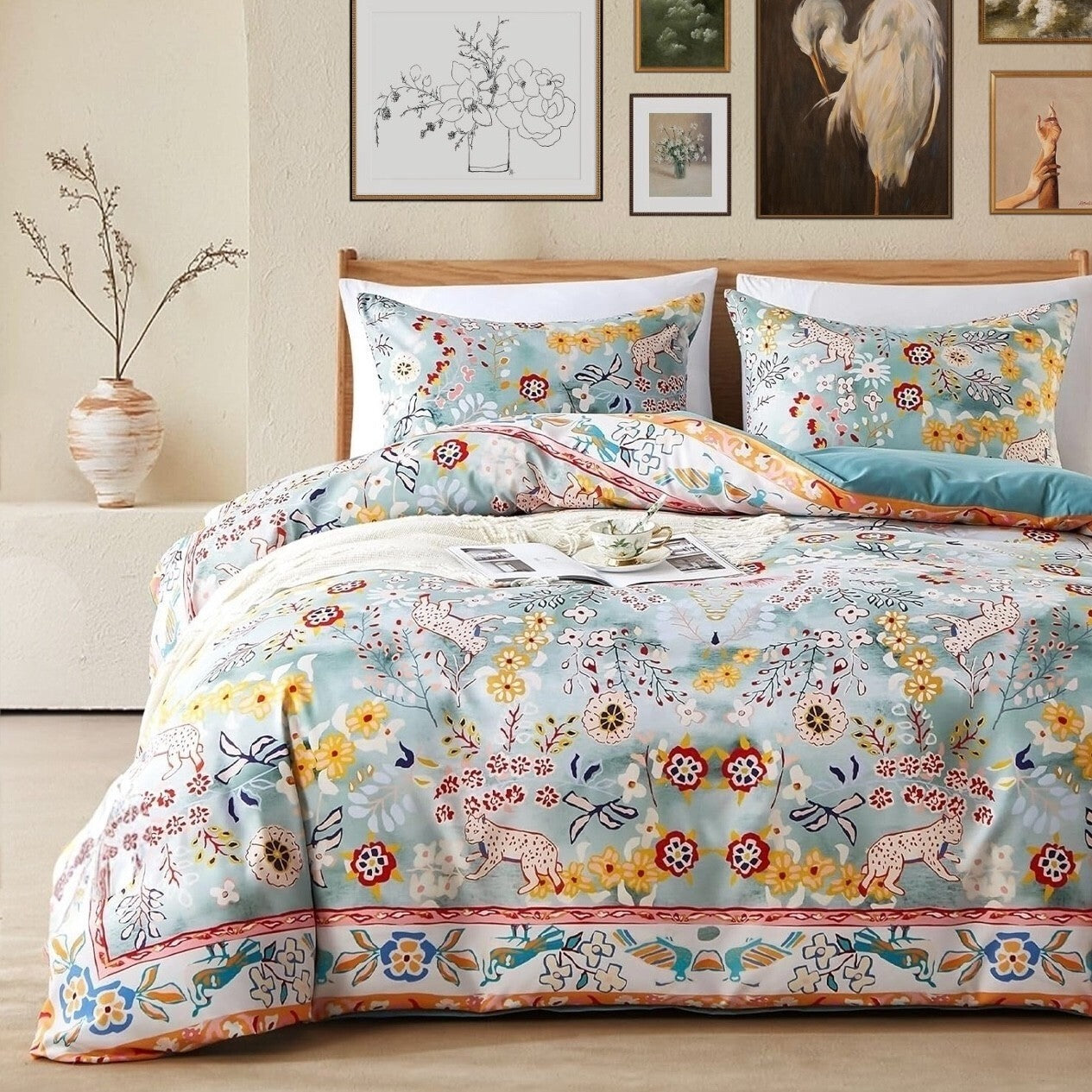 NEW Anthro Blue Jungle Multicolor Boho Queen / King Bedding Duvet & Sham Case