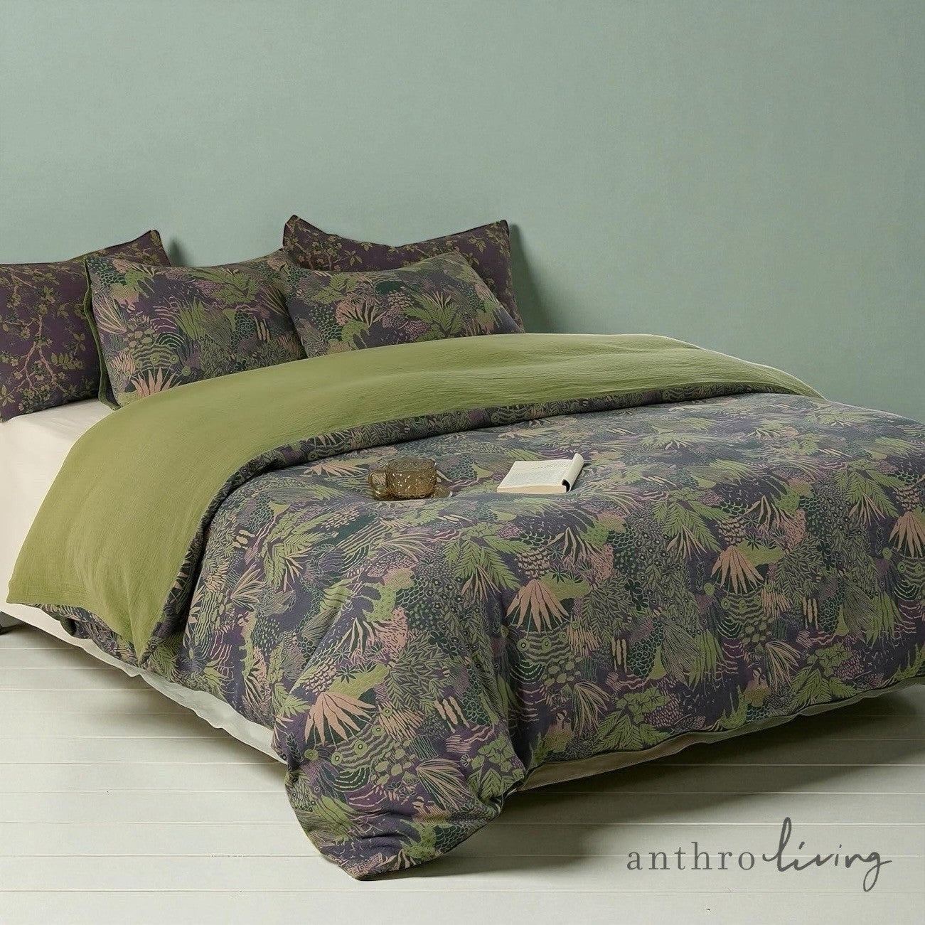 NEW Anthropologie Green Purple Floral Muslin Queen / King Bedding Duvet Sham Set