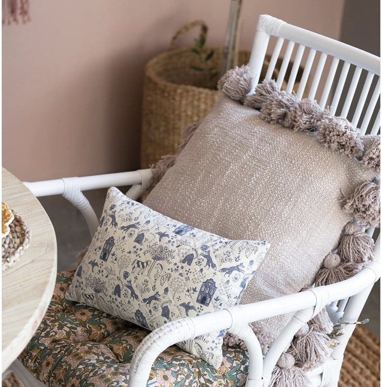 NEW Anthro Cream Boho Tassel Pom Pom Throw Pillow with Case Sham 18" x 18"