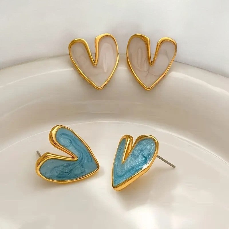NEW Anthropologie White & Gold Plated Boho Heart Stud Abstract Earrings Jewelry