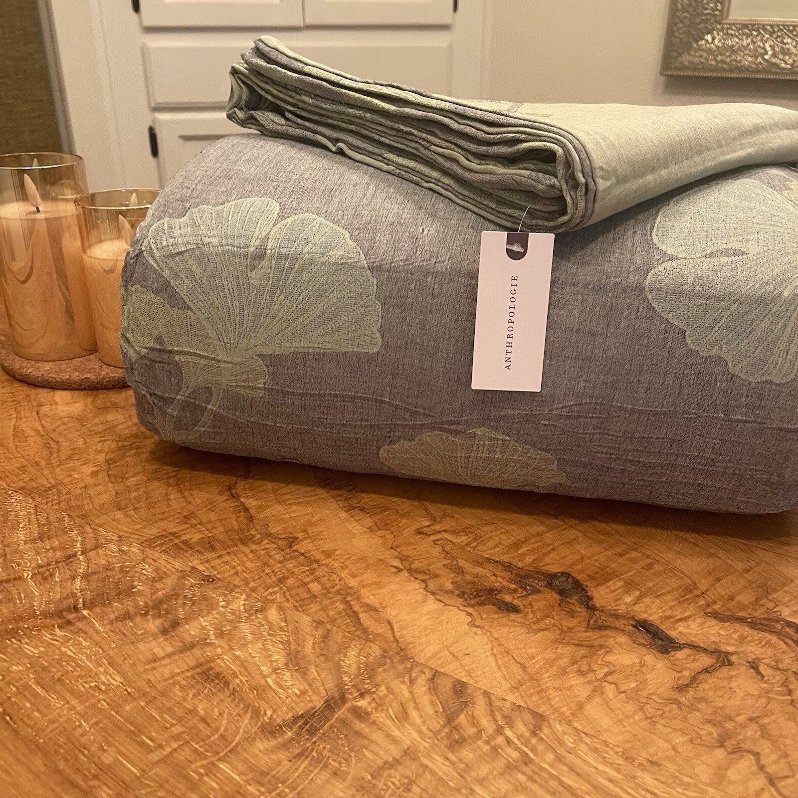 NEW Anthro Blue Green Floral Reversible Queen Size Bedspread Comforter Sham Set