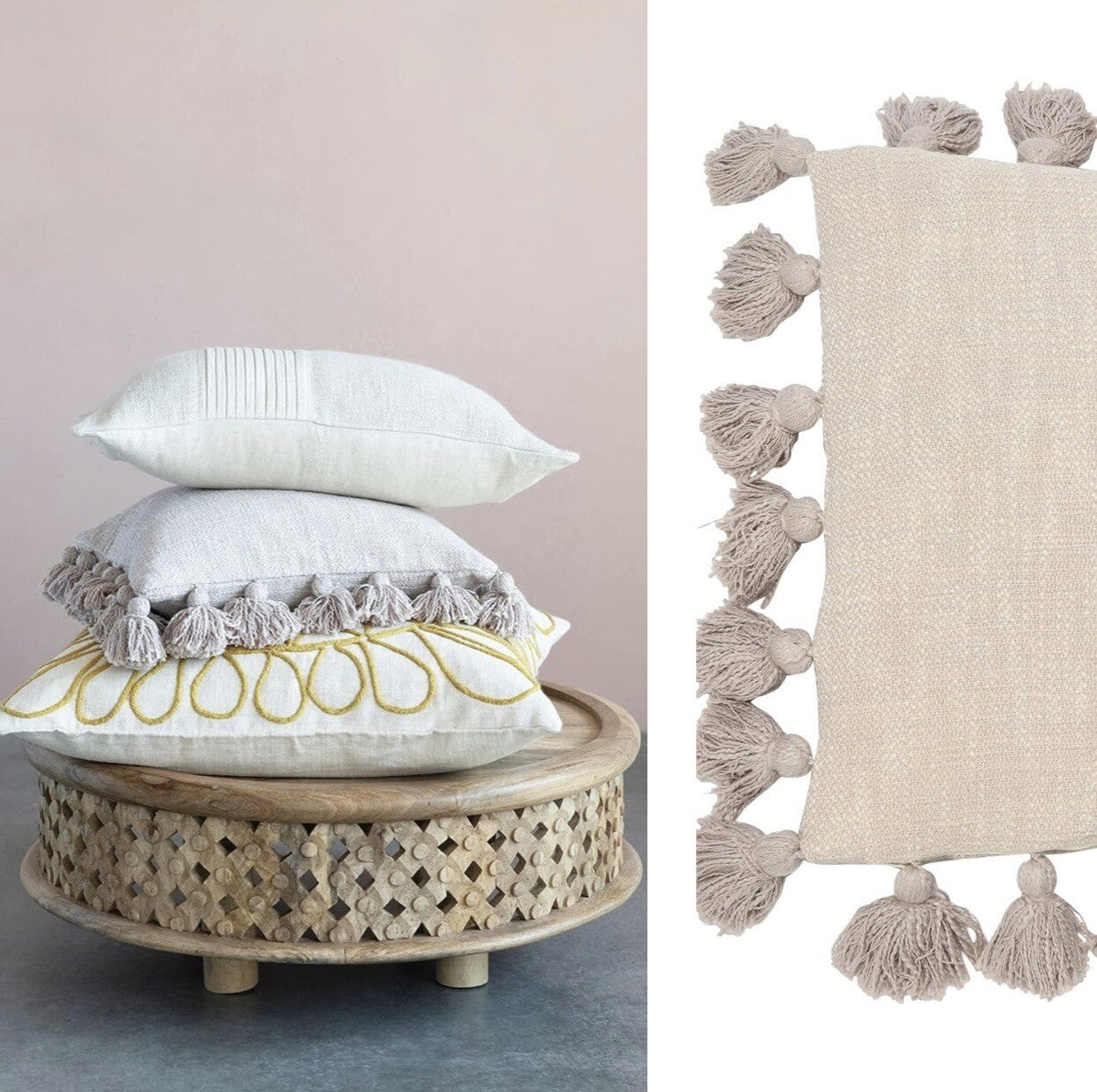 NEW Anthro Cream Boho Tassel Pom Pom Throw Pillow with Case Sham 18" x 18"