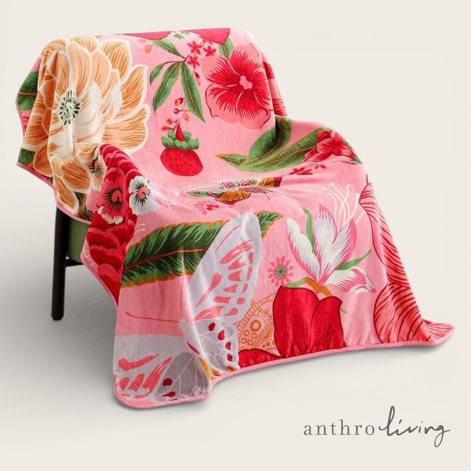 NEW Anthropologie XL Queen Boho Red Floral Fleece Throw Blanket Bedspread 90x90