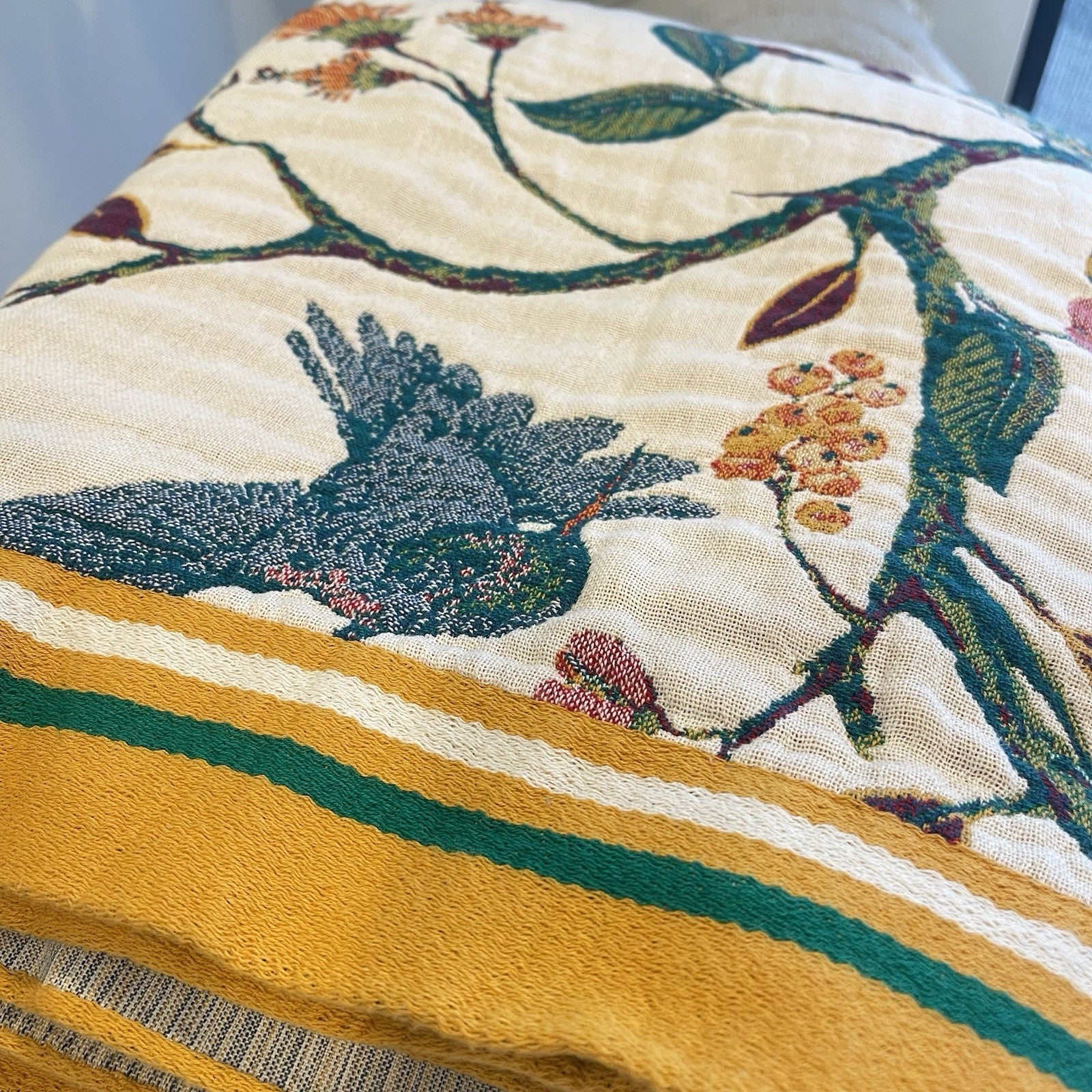 NEW Anthro XL Boho Bird Orange Blue Throw Blanket Bedspread Quilt 80" x 90"
