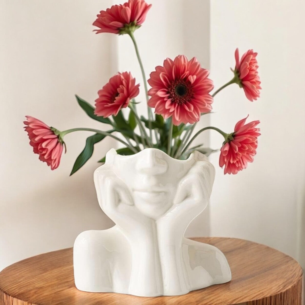 NEW Anthro Boho White Ceramic Female Face Abstract Flower Vase - Medium