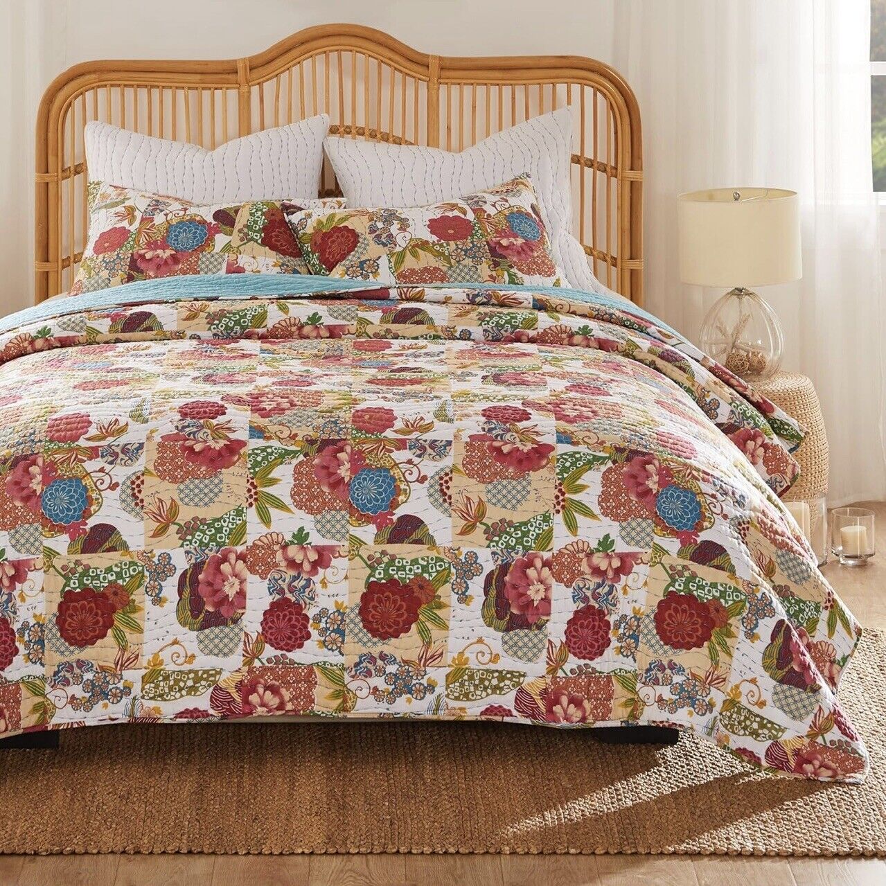 NEW Anthropologie Multicolor Floral Boho Queen Quilt Bedspread Bedding Sham Set