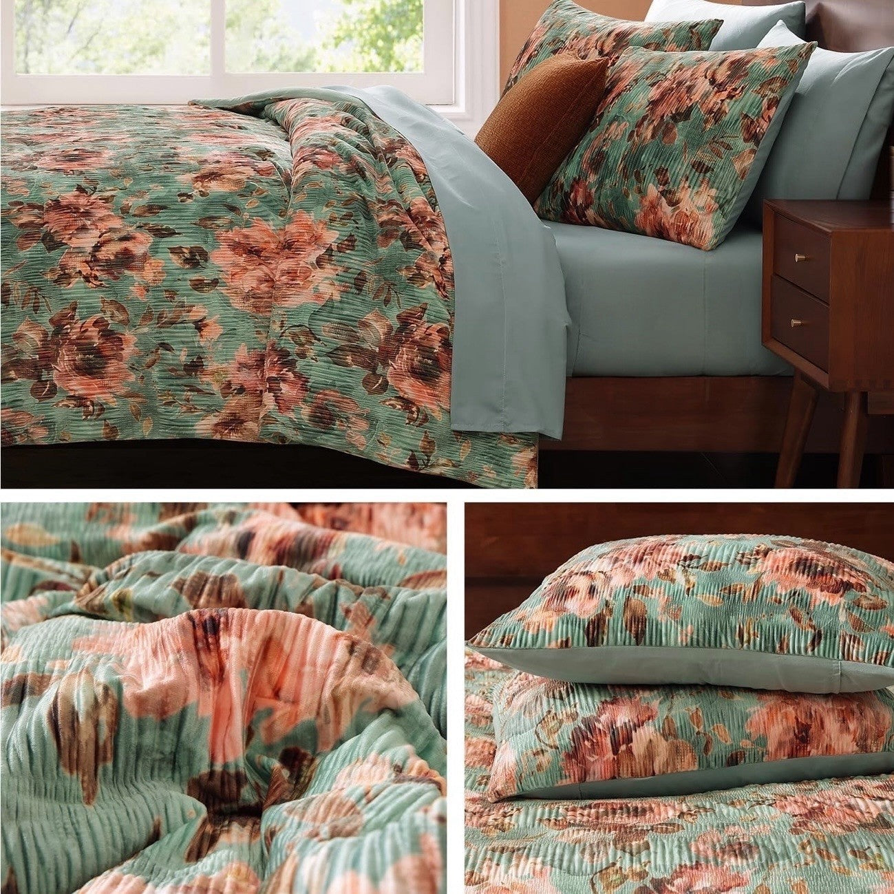 NEW Anthro 7 Piece Green Velvet Boho Queen / King Bedding Comforter & Sham Set