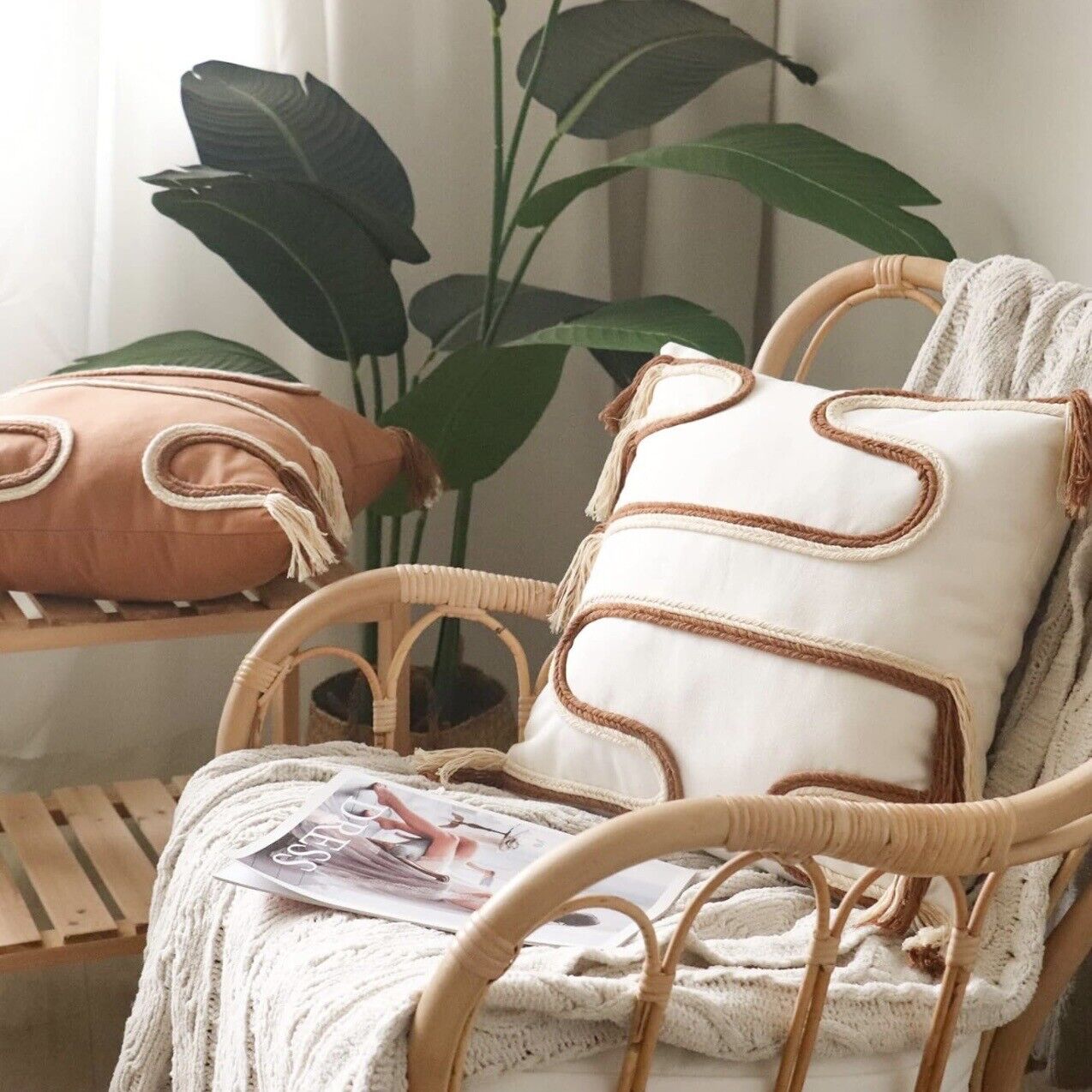 NEW Anthropologie Boho Tassel Woven Knit Beige Throw Pillow Case Sham - 18 x 18