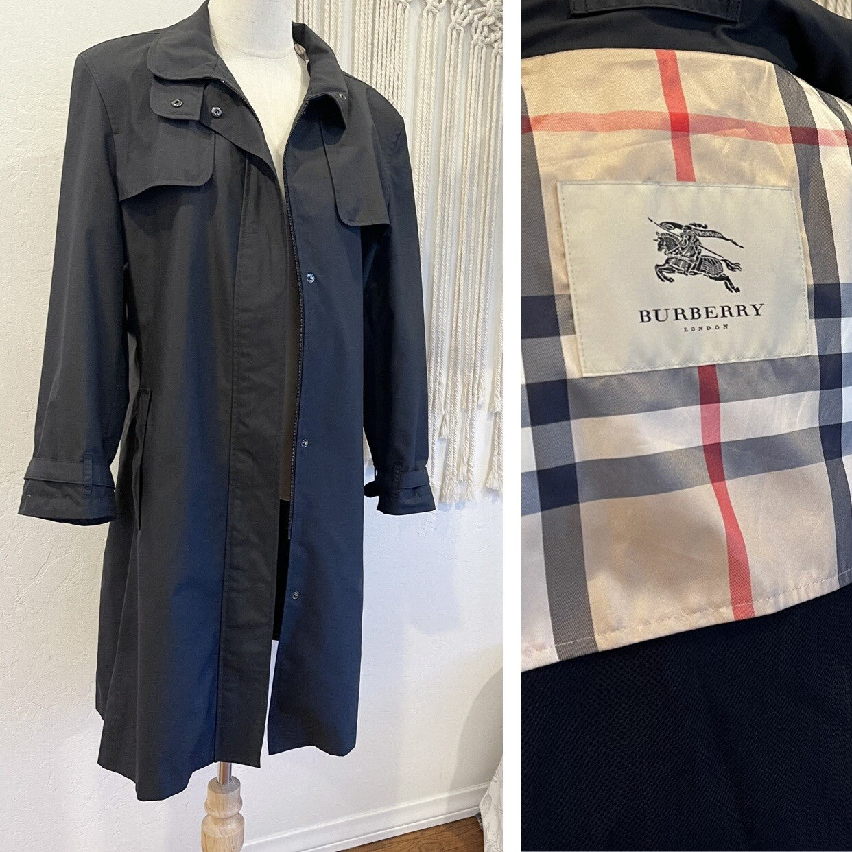 Burberry Women's Black Trench Coat Nylon Rain Coat Jacket - Size Large / 12 - 14