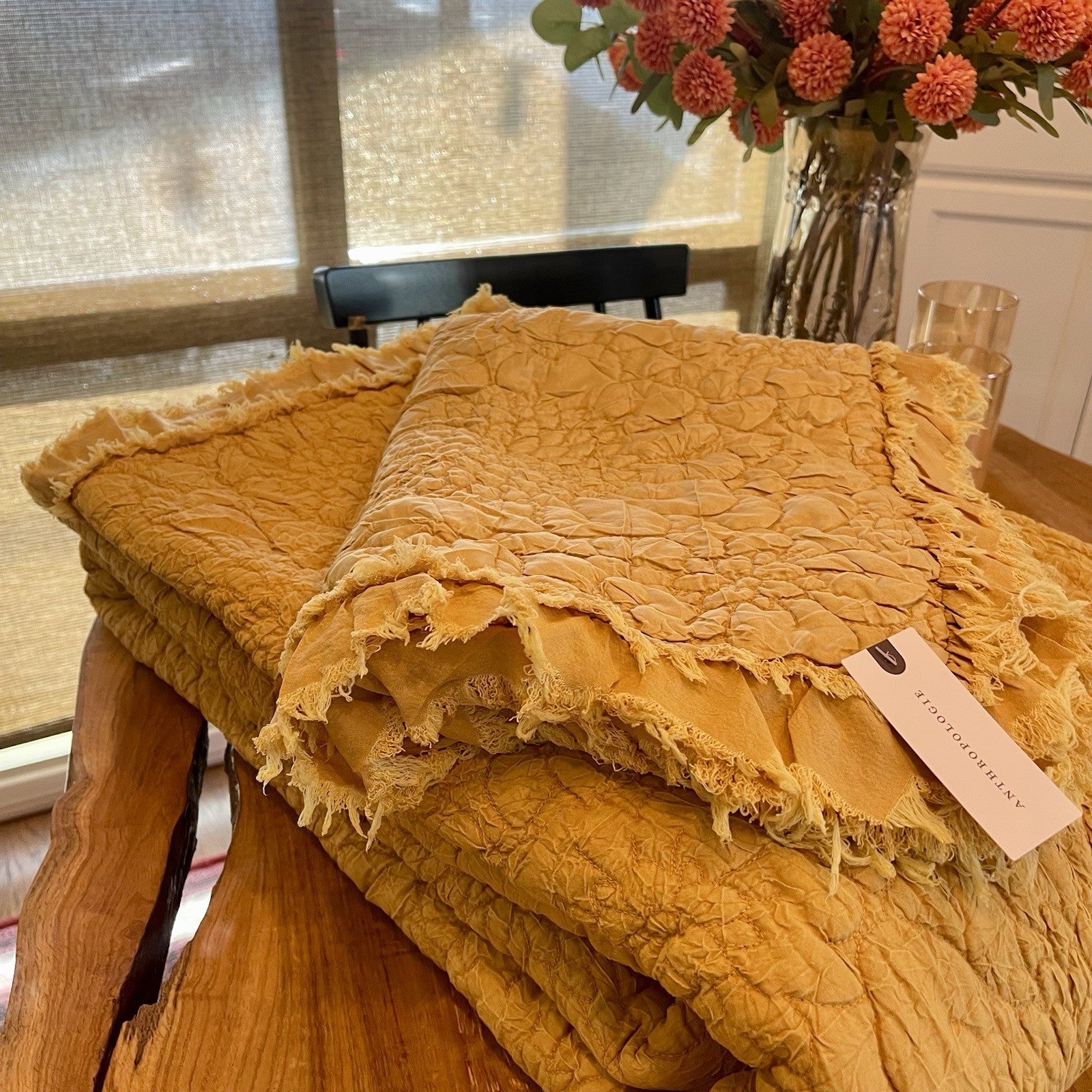 NEW Anthro Orange Yellow Ruffle Crinkled Queen / King Bedding Quilt & Sham Case