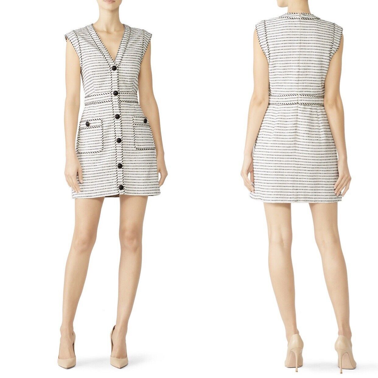 Veronica Beard Kama Azra Tweed Mini Dress Black White Striped - Size Large / 12