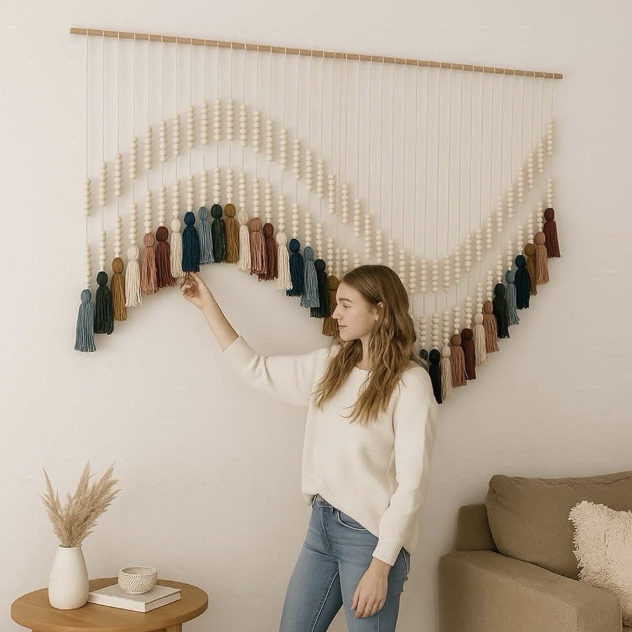 NEW Anthropologie XL Colorful Tapestry Beaded Tassel Macrame Wall Hanging 70x35
