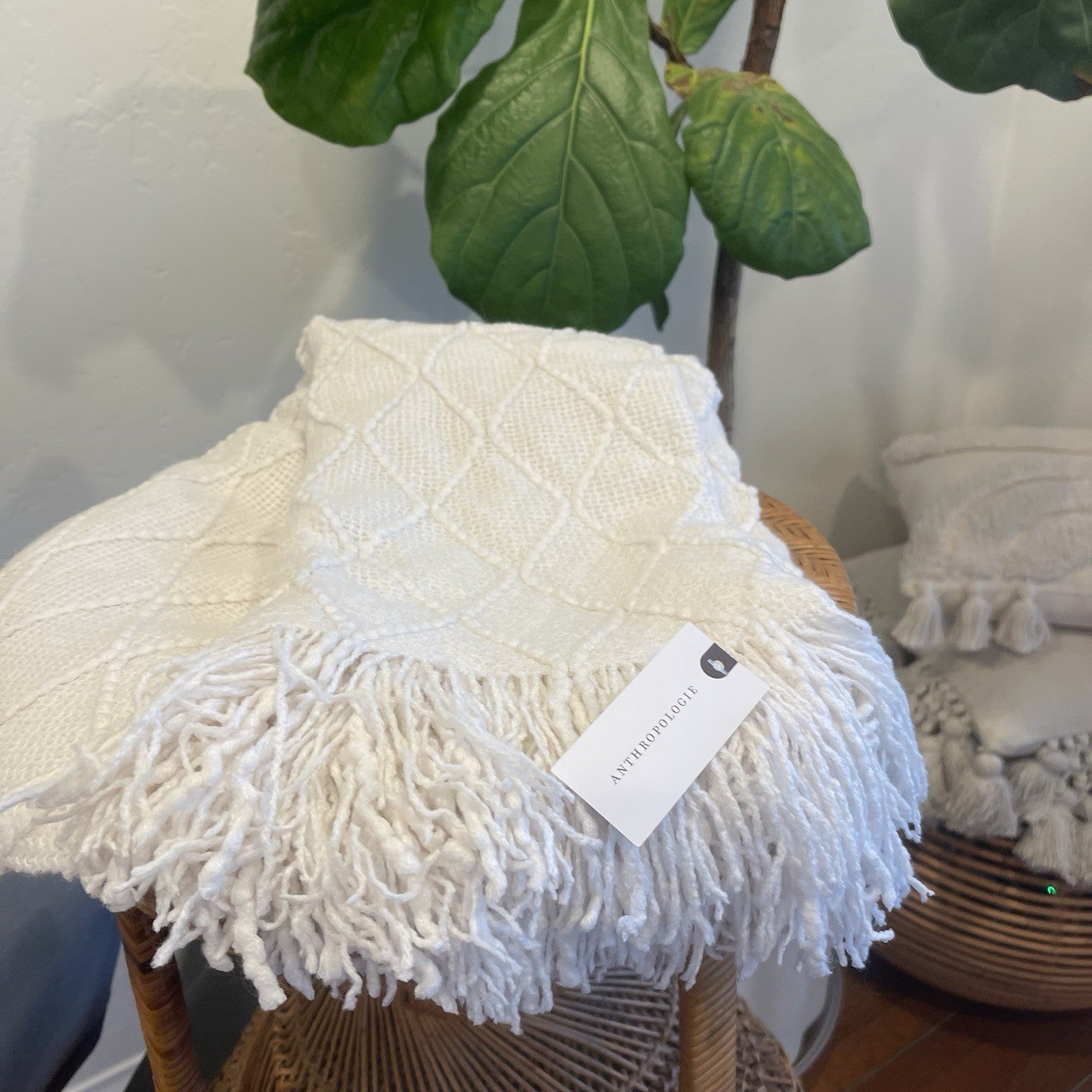 New Anthro White Boho Tassel Fringe Pom Pom Knit Throw Blanket 60" x 80"