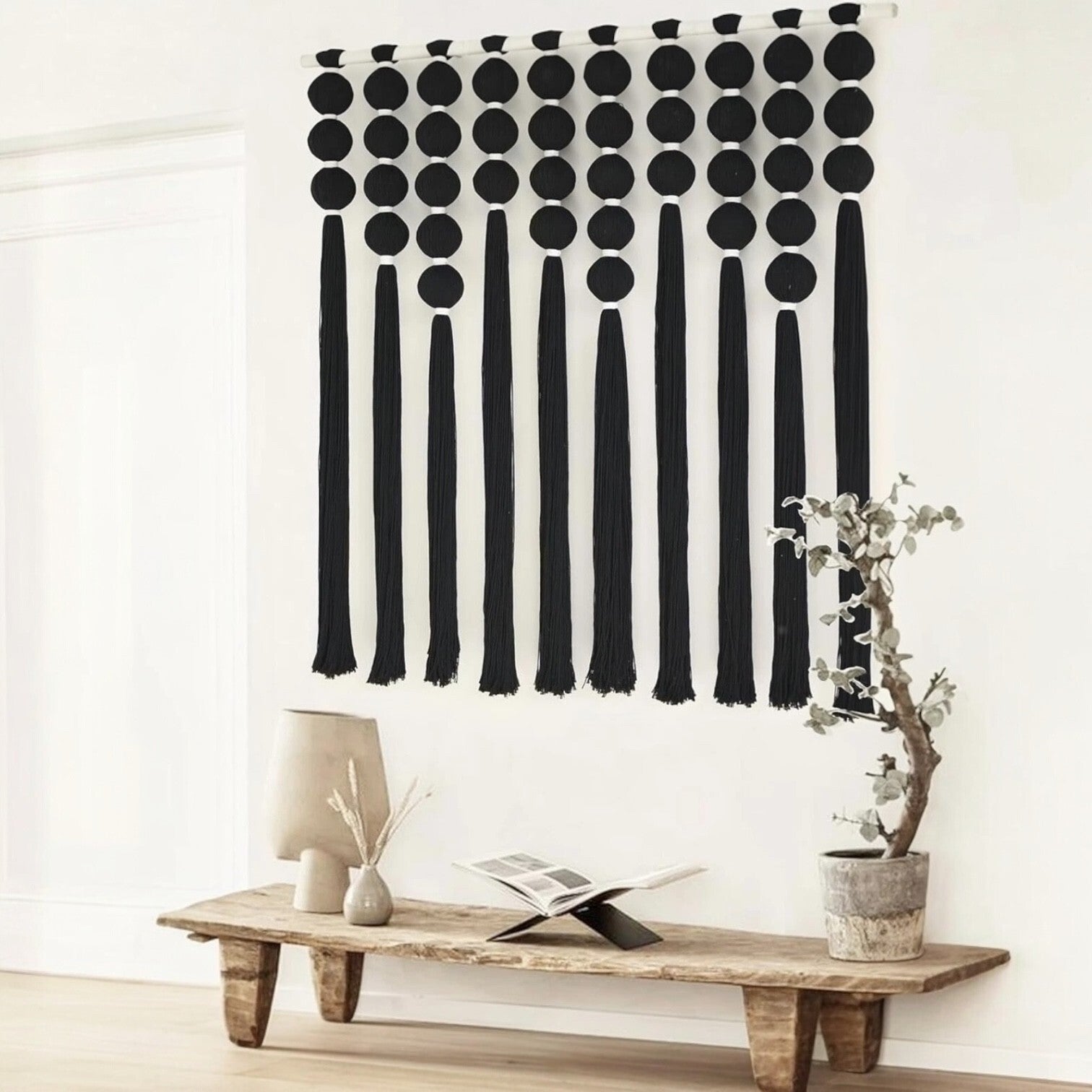 NEW Anthropologie XL Boho Black & White Tassel Tapestry Woven Wall Hanging - 40"