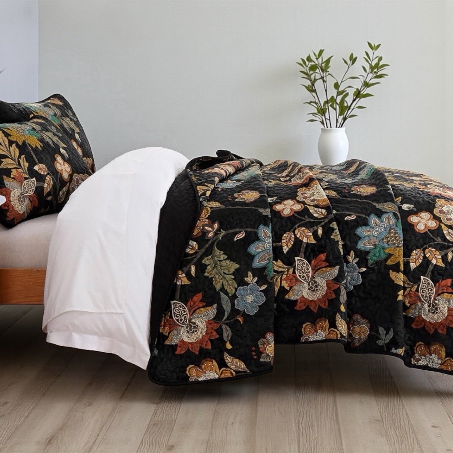 NEW Anthro Black Floral Print Multicolor Boho Queen King Bedding Quilt Sham Set