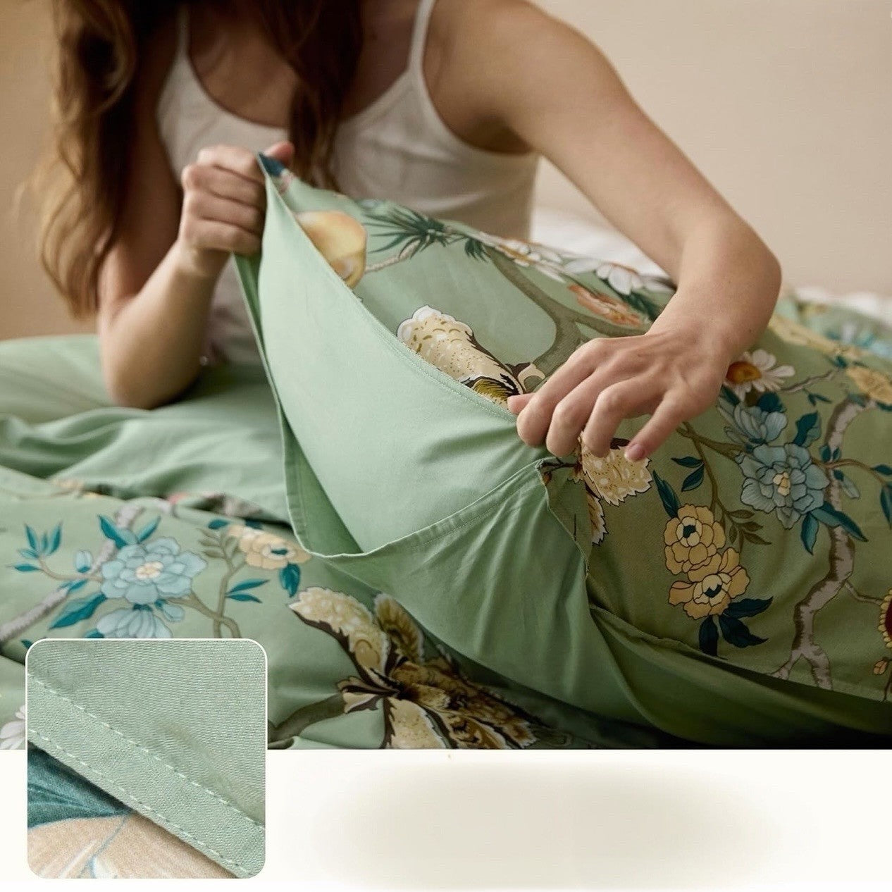 NEW Anthro Green Floral Bird Boho Cotton Queen King Size Bedding Duvet Sham Set